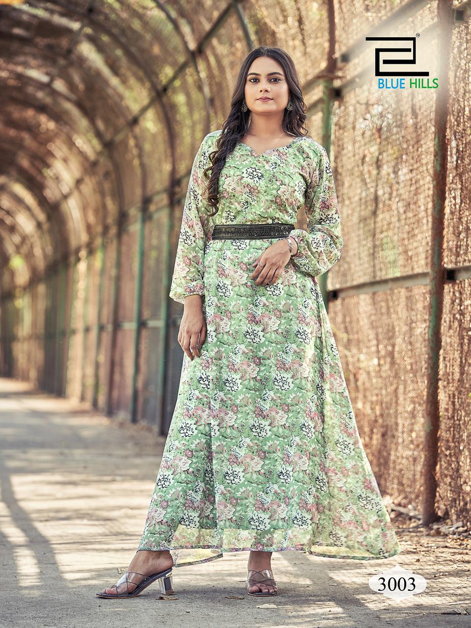 blue hills D NO 3001 TO 3004 georgette exclusive print kurti catalog