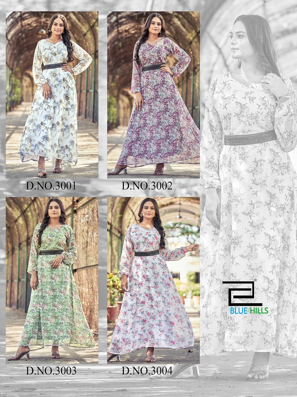 blue hills D NO 3001 TO 3004 georgette exclusive print kurti catalog