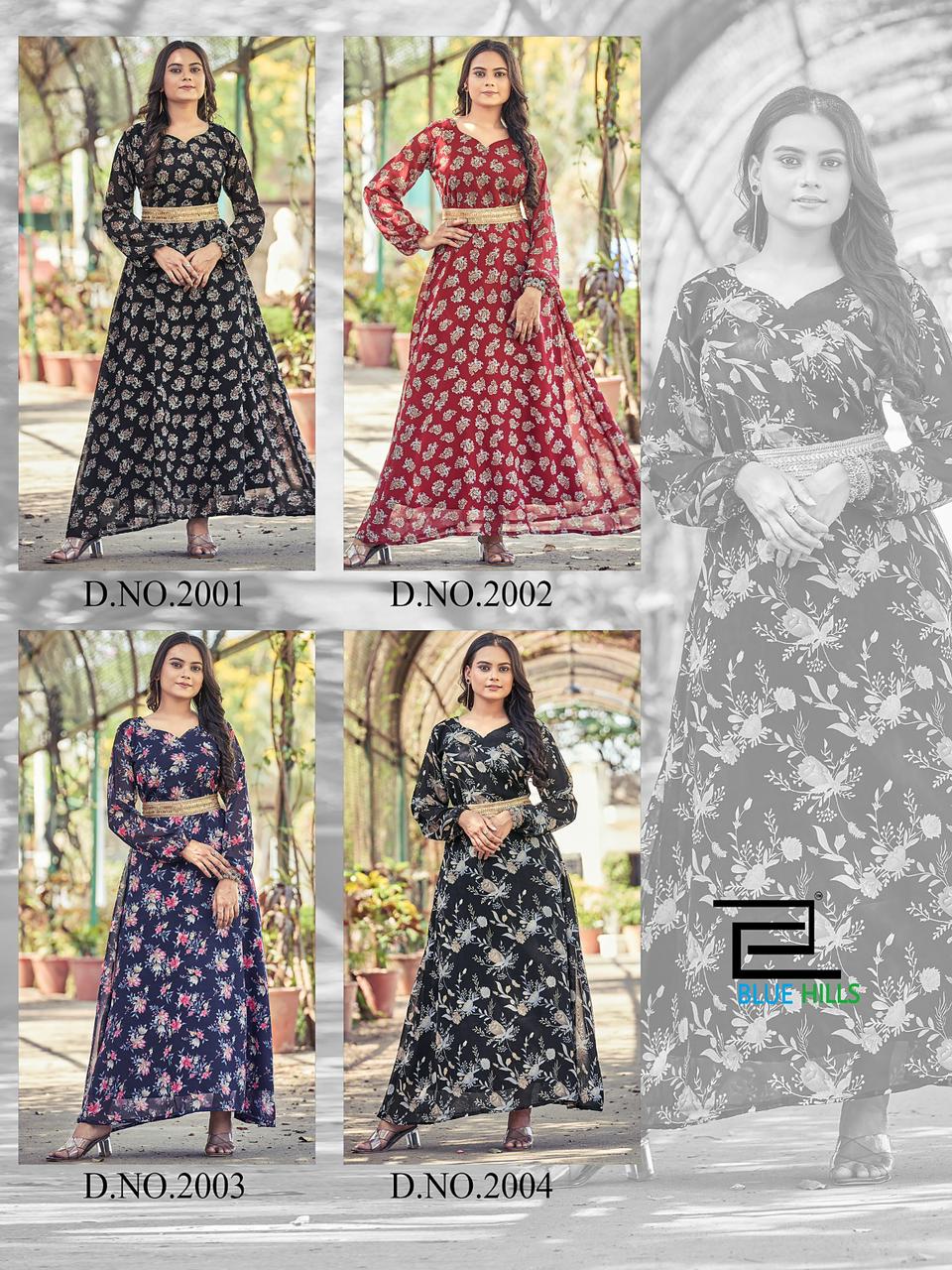 blue hills D NO 3001 TO 3004 georgette exclusive print kurti catalog