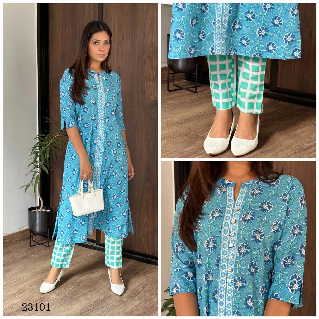 indira Design Number 23101 pick and choose Pure Cotton Cambric decent look kurti with pant size set