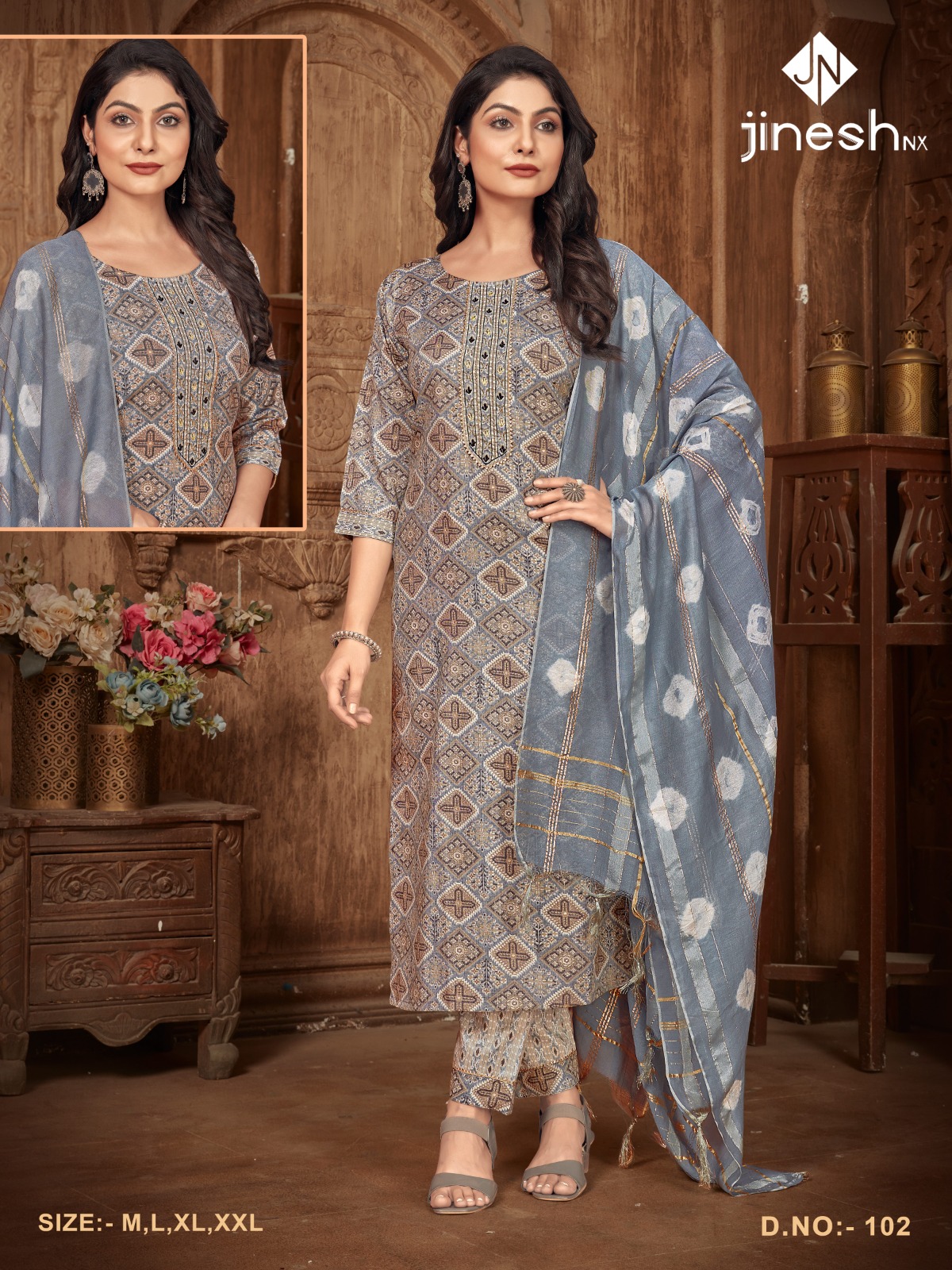 jinesh nx d 102 capsule print elegant look kurti pant with dupatta size set