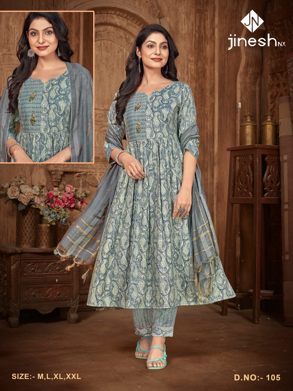 jinesh nx d 105 capsule print beauiful look kurti pant with dupatta size set