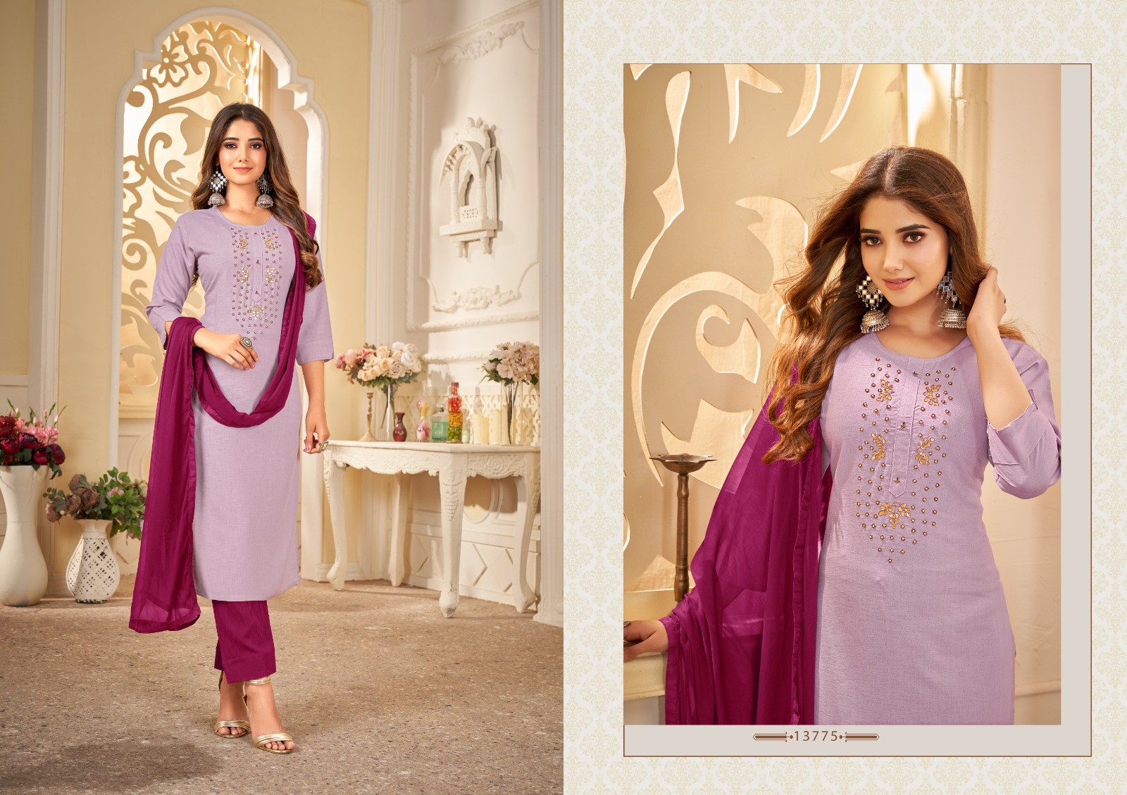 kalaroop by kajree khushbu fancy rayon regal look top pant with dupatta catalog