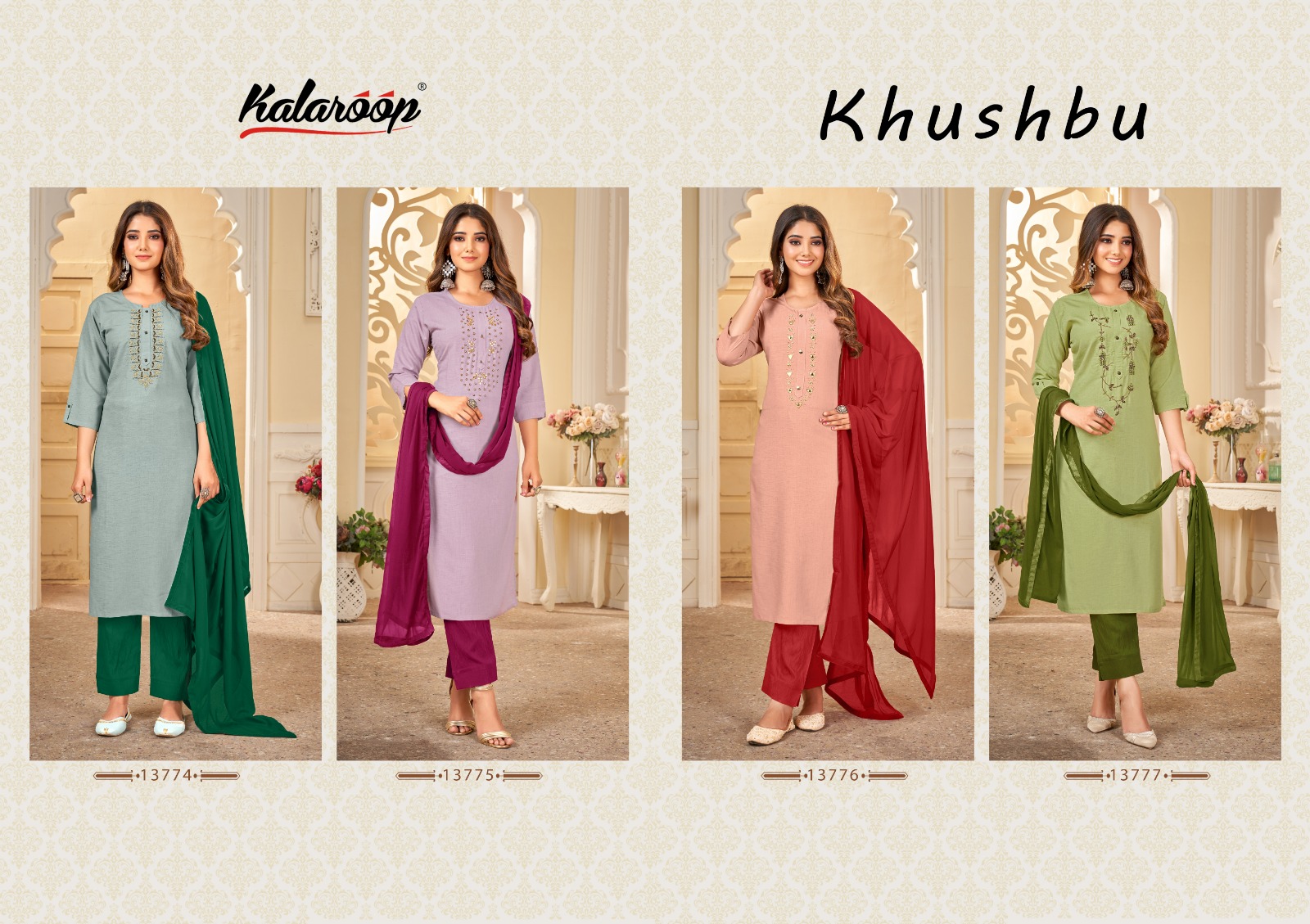 kalaroop by kajree khushbu fancy rayon regal look top pant with dupatta catalog