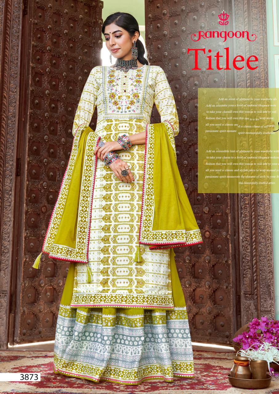 rangoon titlee rayon new and modern style top bottom with dupatta catalog