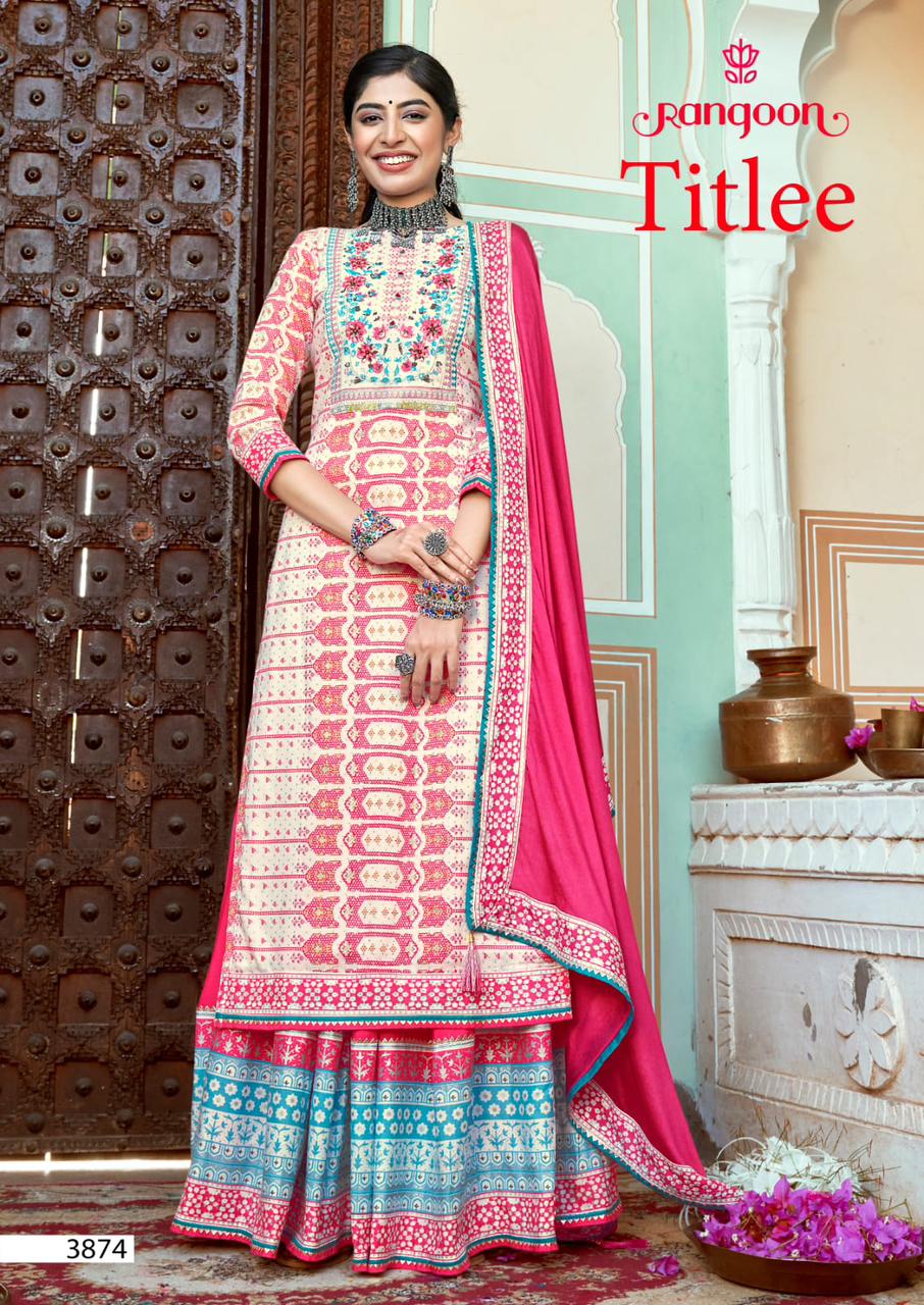 rangoon titlee rayon new and modern style top bottom with dupatta catalog