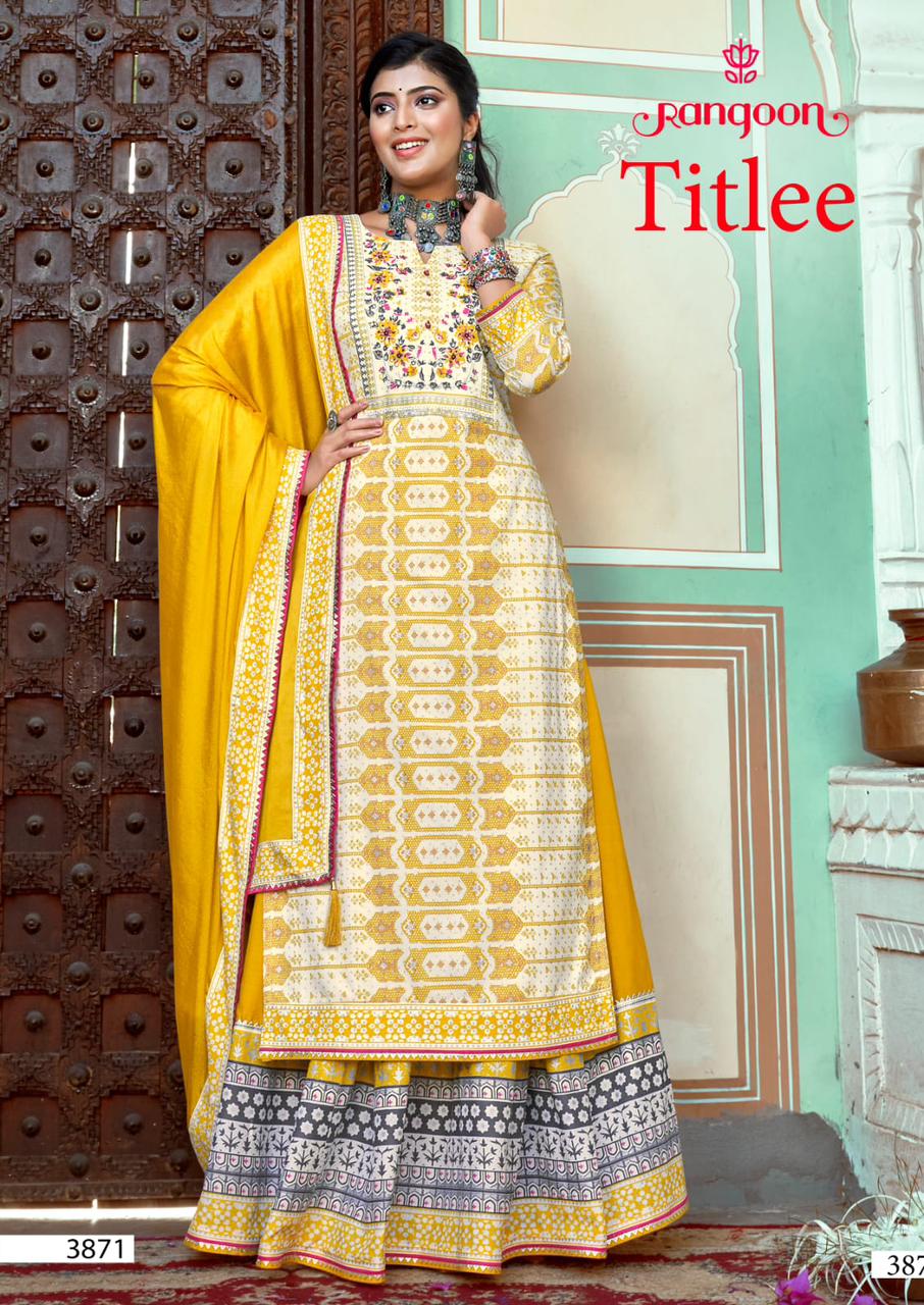 rangoon titlee rayon new and modern style top bottom with dupatta catalog