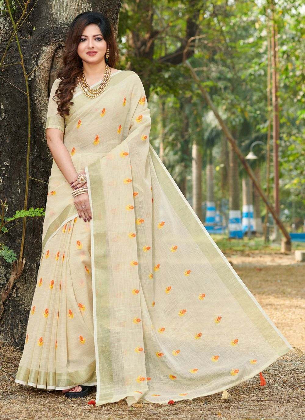 sangam print anandi linen greseful look saree catalog