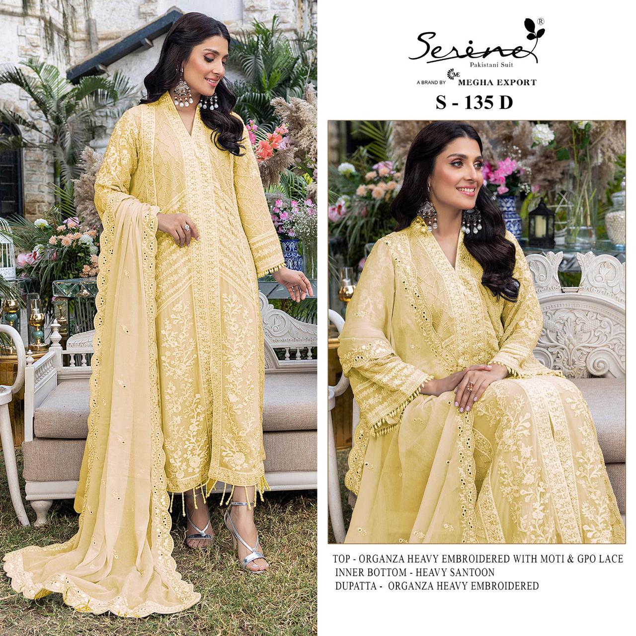 serine Megha Exports S 135 A TO D organza heavy look salwar suit catalog