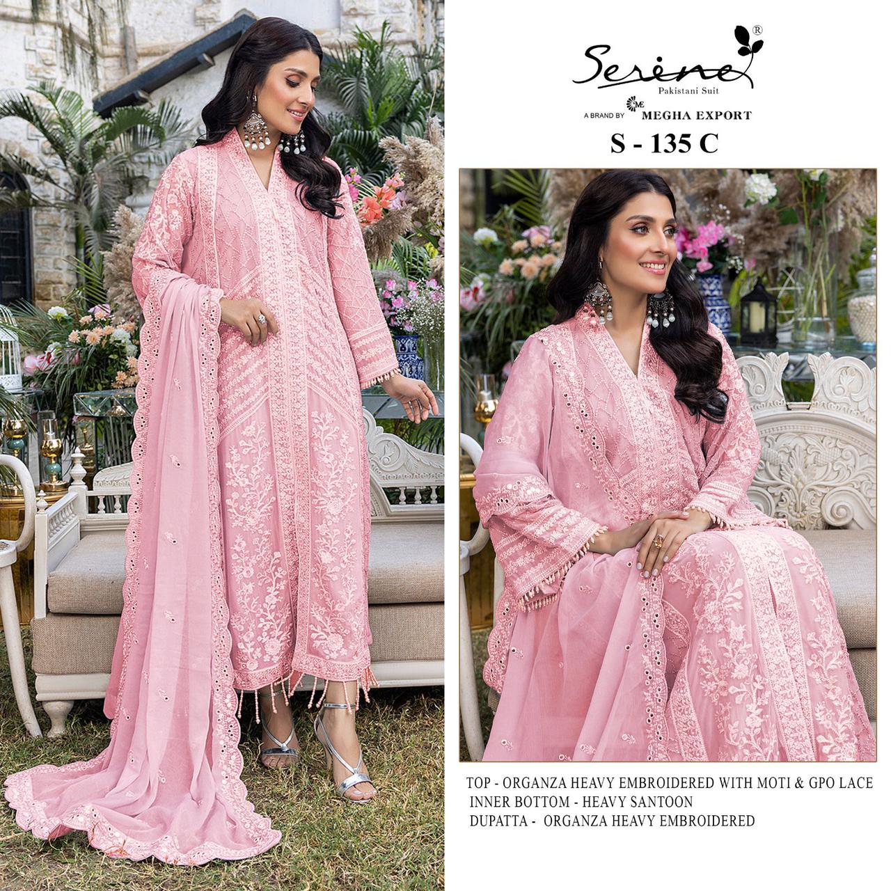 serine Megha Exports S 135 A TO D organza heavy look salwar suit catalog