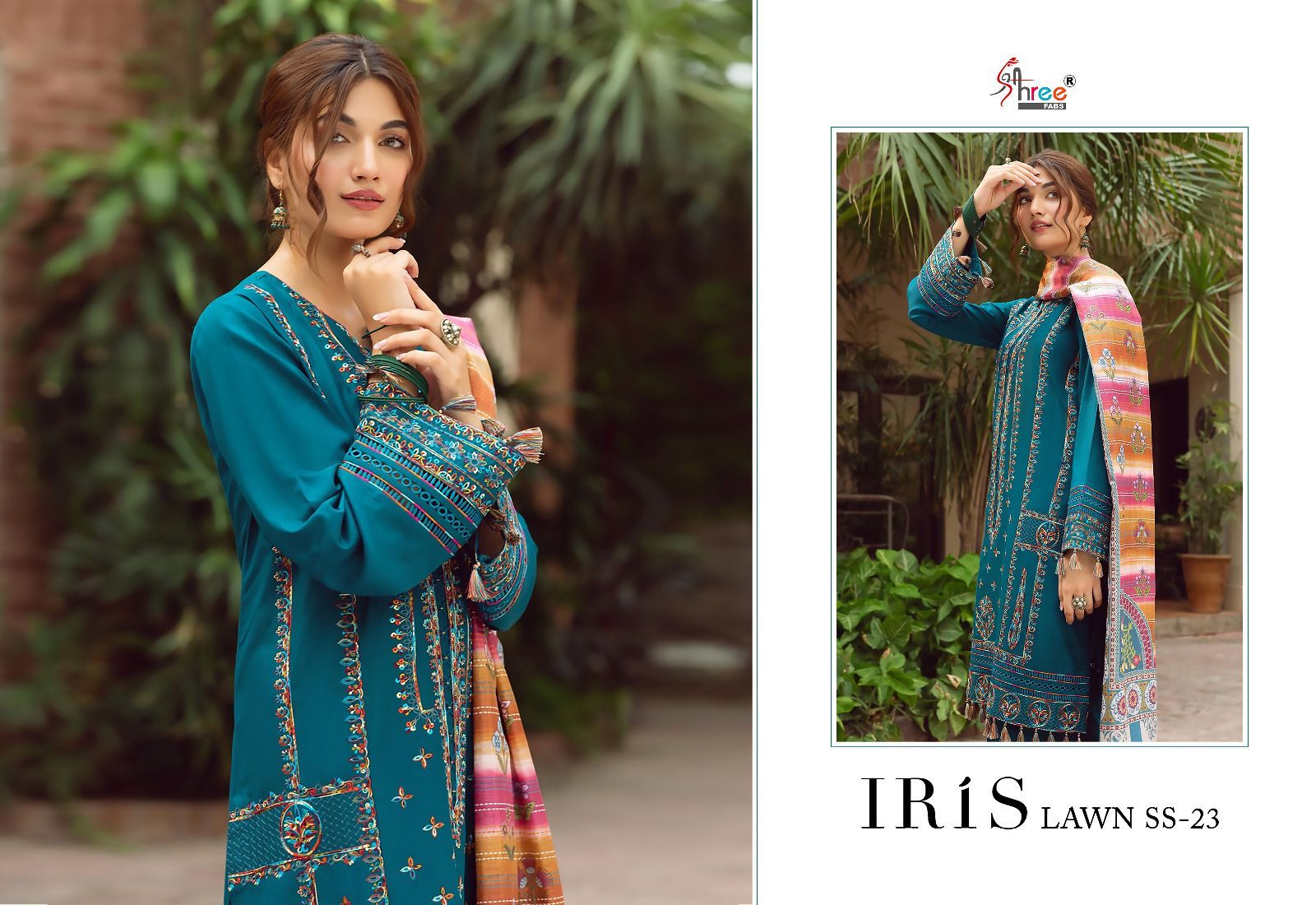 shree fabs iris lawn ss 2023 cotton elegant look salwar suit with chiffon dupatta catalog