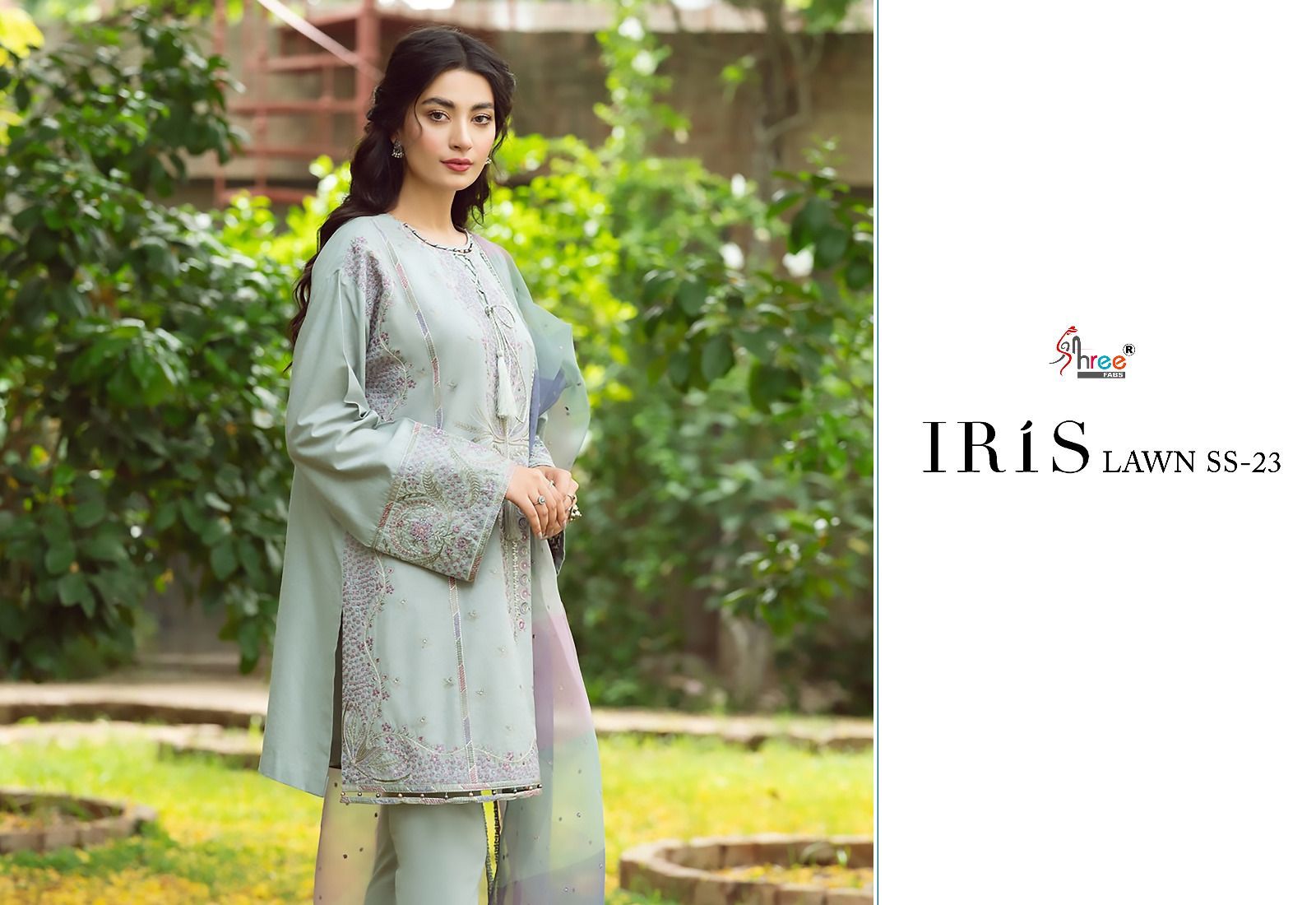 shree fabs iris lawn ss 2023 cotton elegant look salwar suit with chiffon dupatta catalog