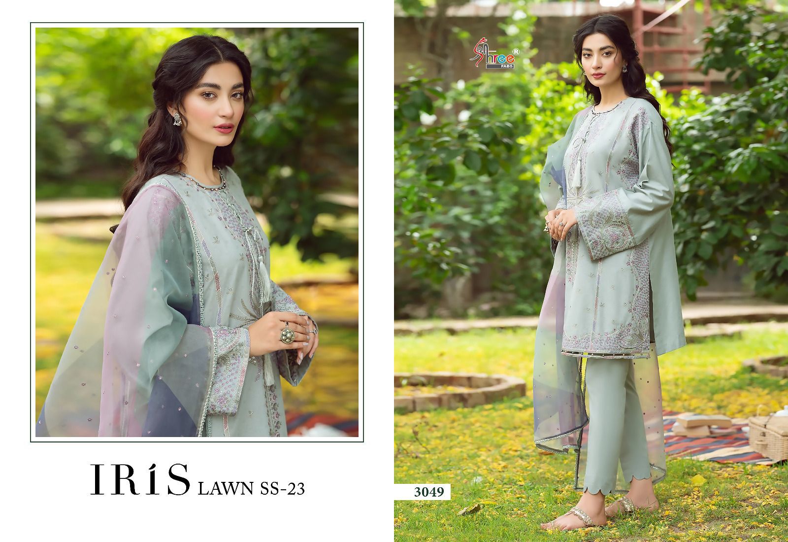 shree fabs iris lawn ss 2023 cotton elegant look salwar suit with chiffon dupatta catalog