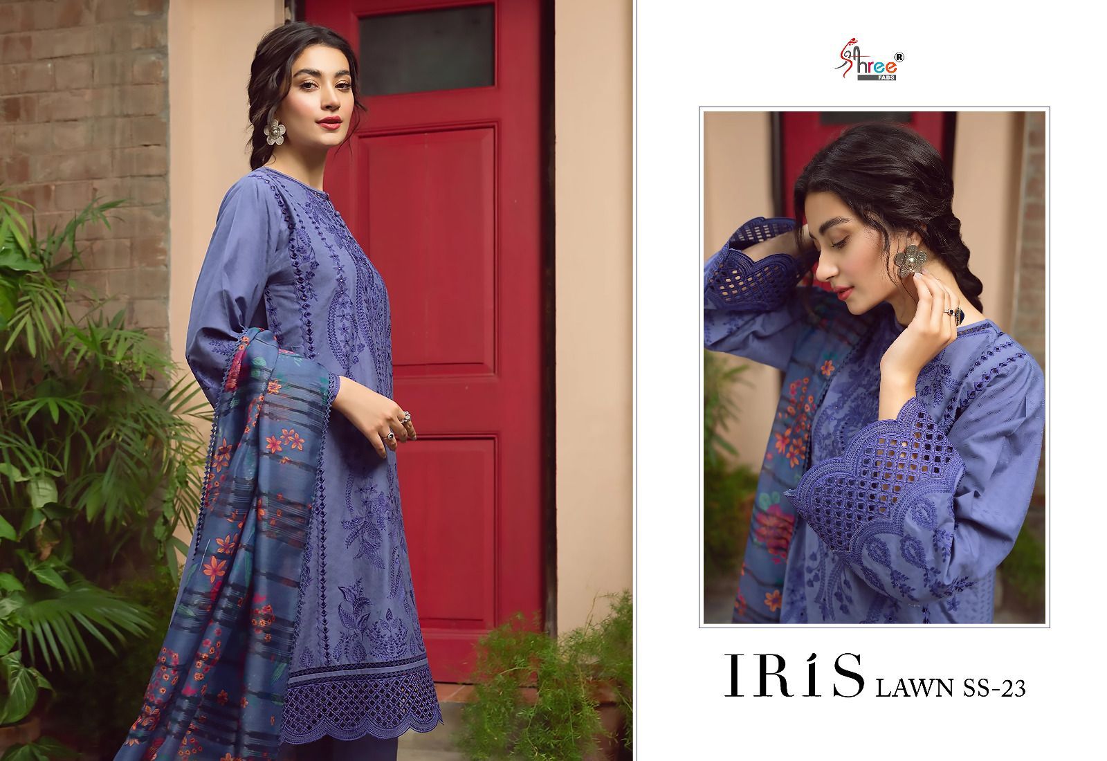 shree fabs iris lawn ss 2023 cotton elegant look salwar suit with chiffon dupatta catalog