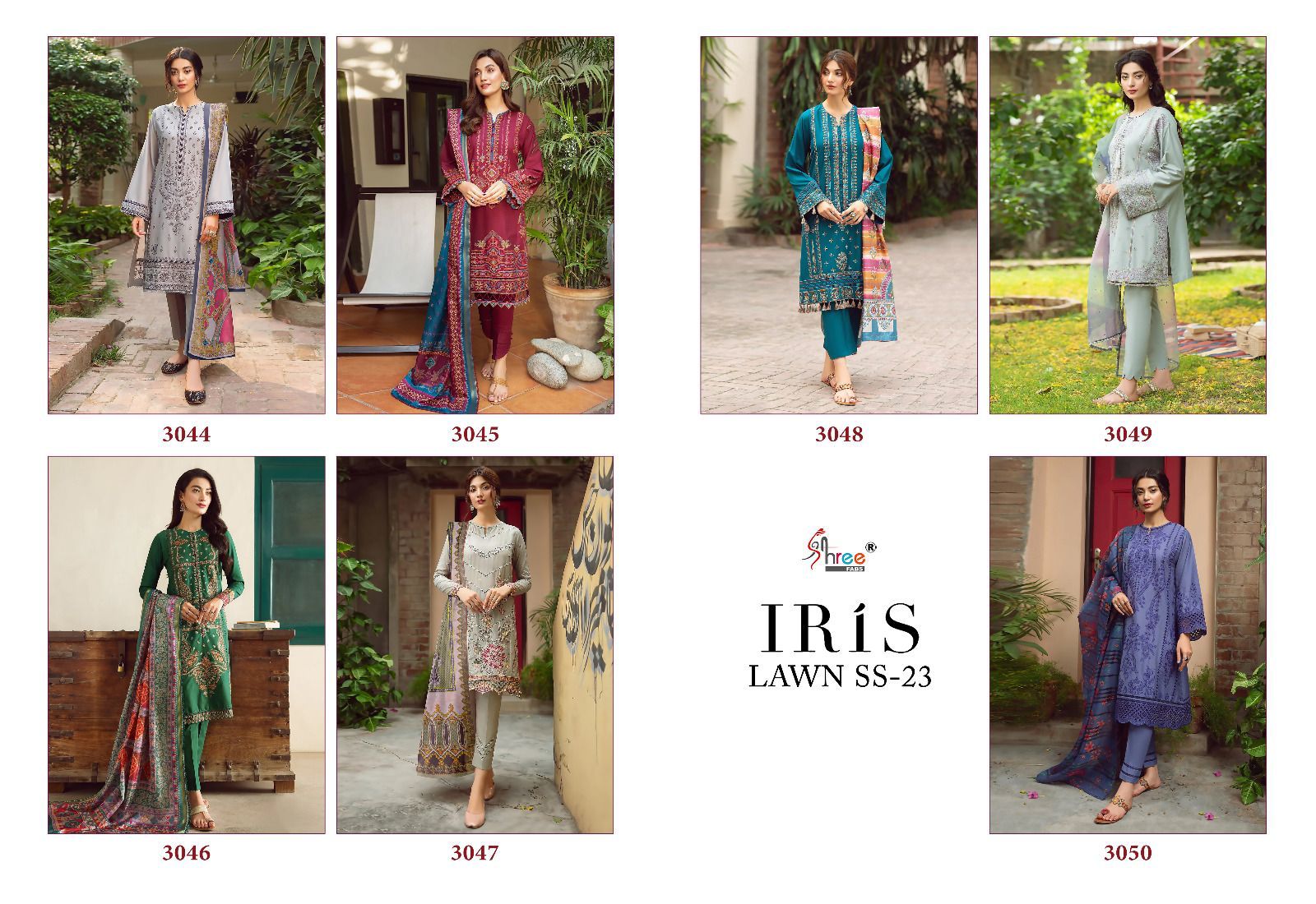 shree fabs iris lawn ss 2023 cotton elegant look salwar suit with chiffon dupatta catalog