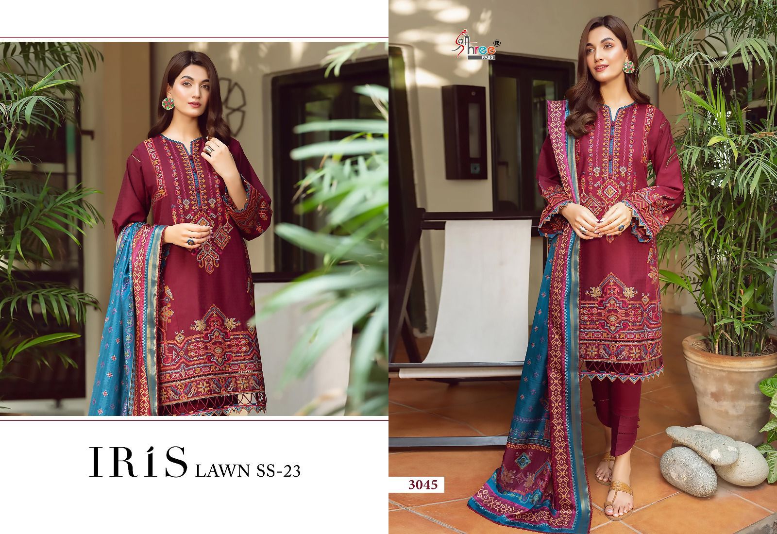 shree fabs iris lawn ss 2023 cotton elegant look salwar suit with chiffon dupatta catalog