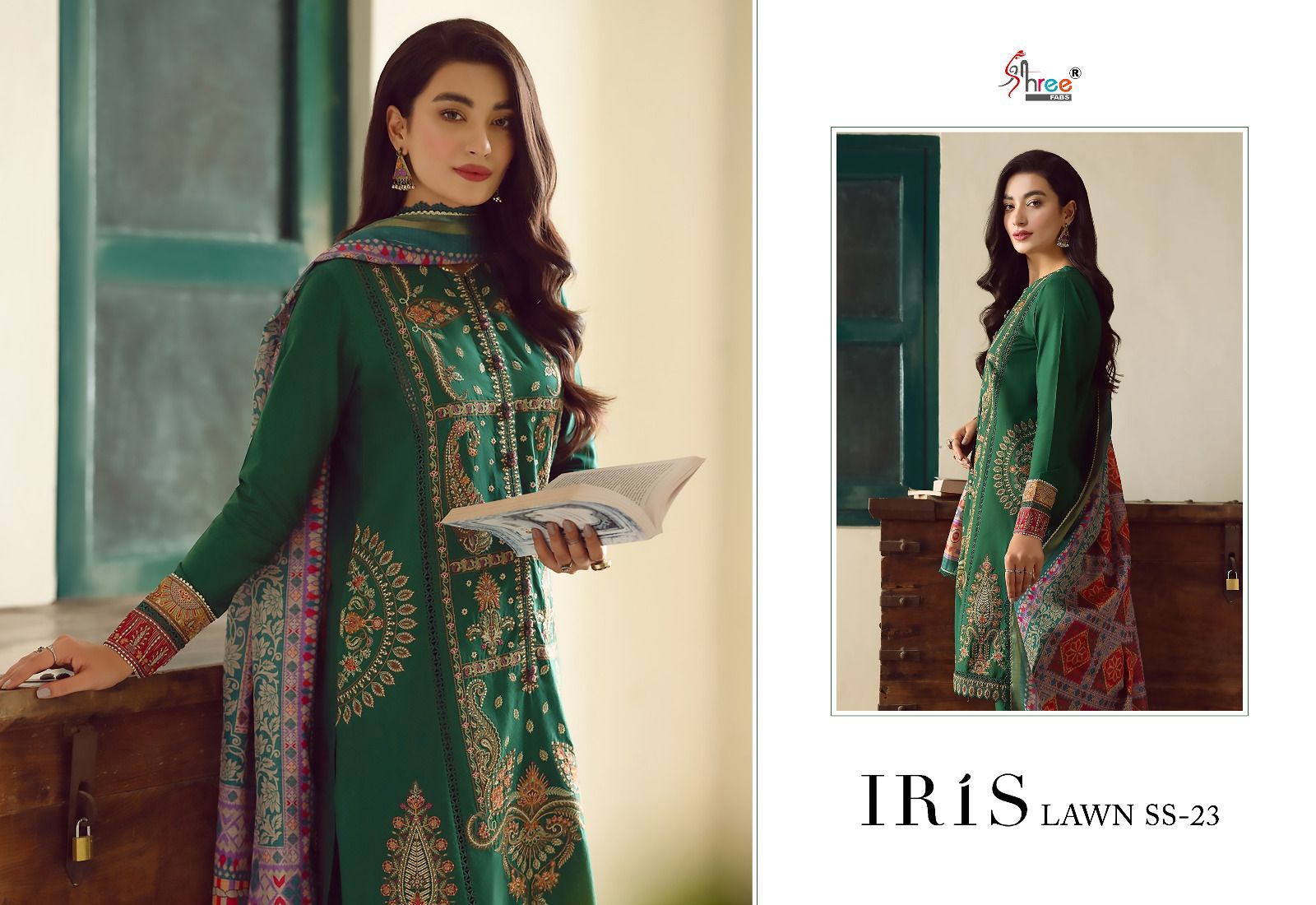 shree fabs iris lawn ss 2023 cotton elegant look salwar suit with chiffon dupatta catalog