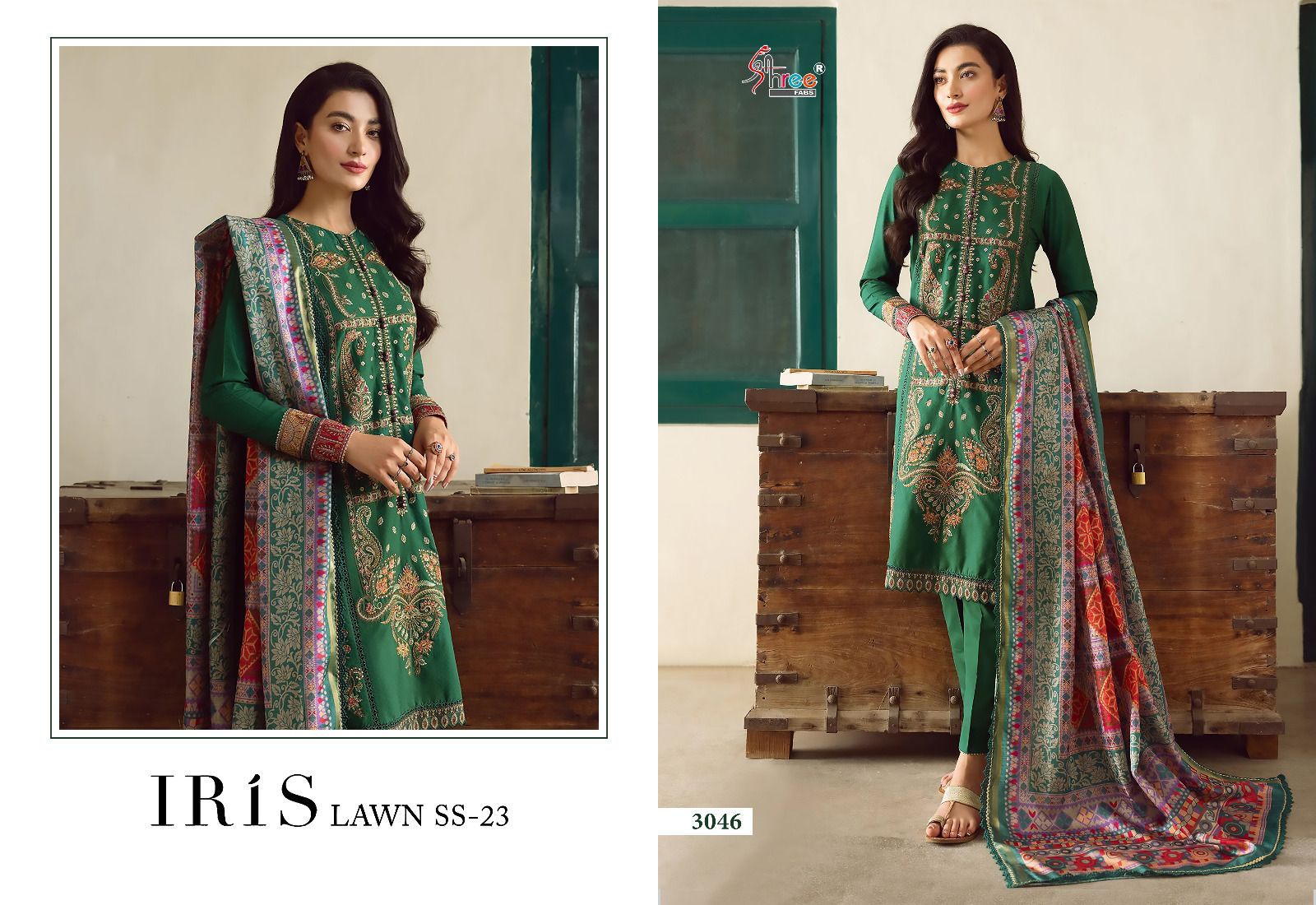 shree fabs iris lawn ss 2023 cotton elegant look salwar suit with chiffon dupatta catalog