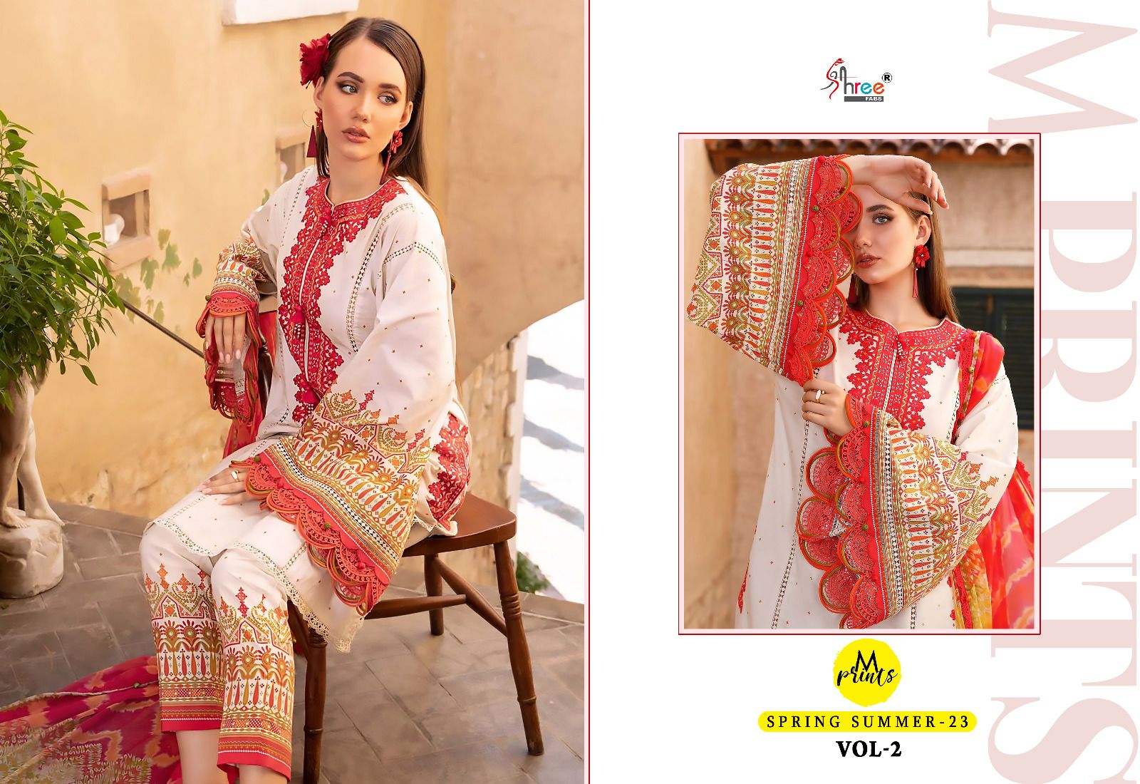 shree fabs m print spring summer 23 vol 2 cotton decent print salwar suit with chiffon dupatta catalog