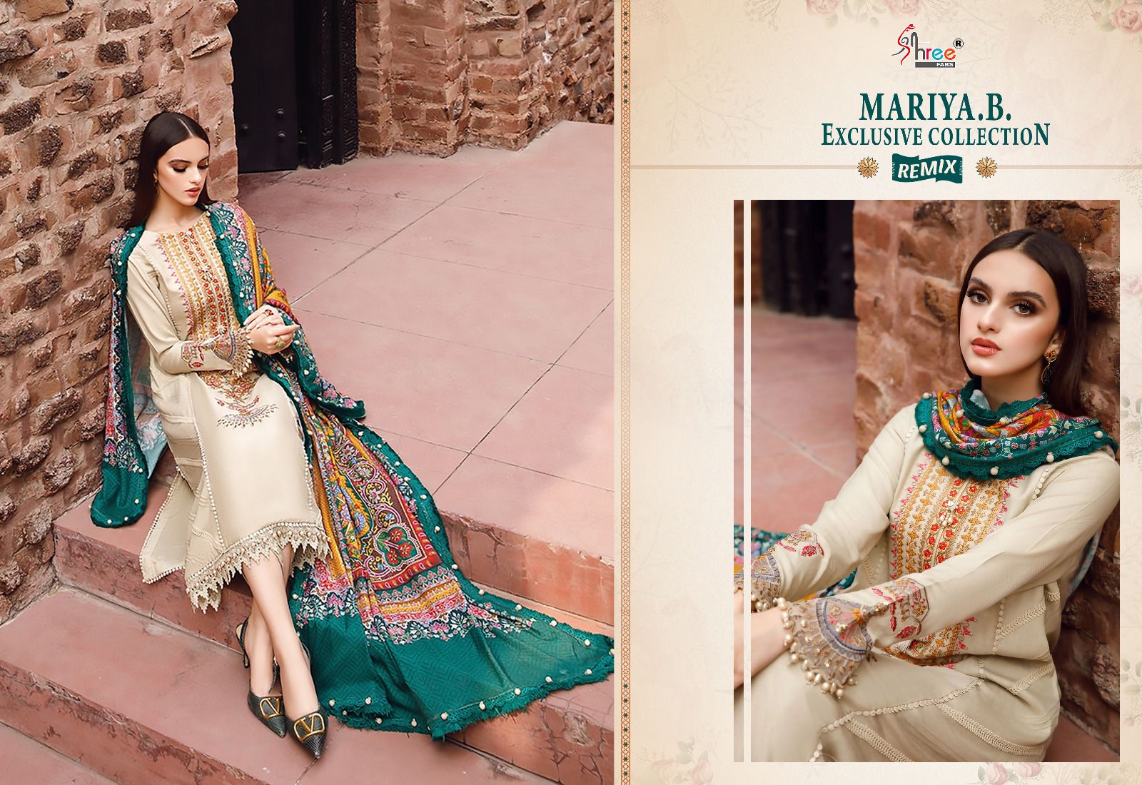 shree fabs maria b  exclusive collection remix rayon cotton elegant look salwar suit with chiffon dupatta catalog