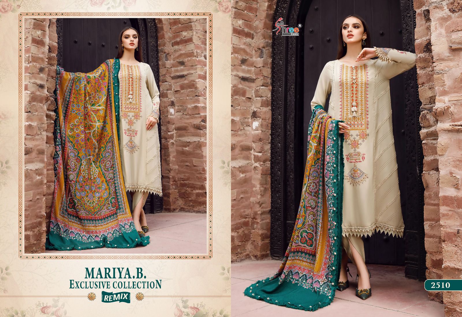 shree fabs maria b  exclusive collection remix rayon cotton elegant look salwar suit with chiffon dupatta catalog