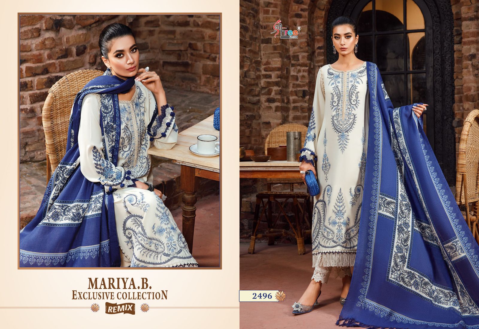 shree fabs maria b  exclusive collection remix rayon cotton elegant look salwar suit with chiffon dupatta catalog