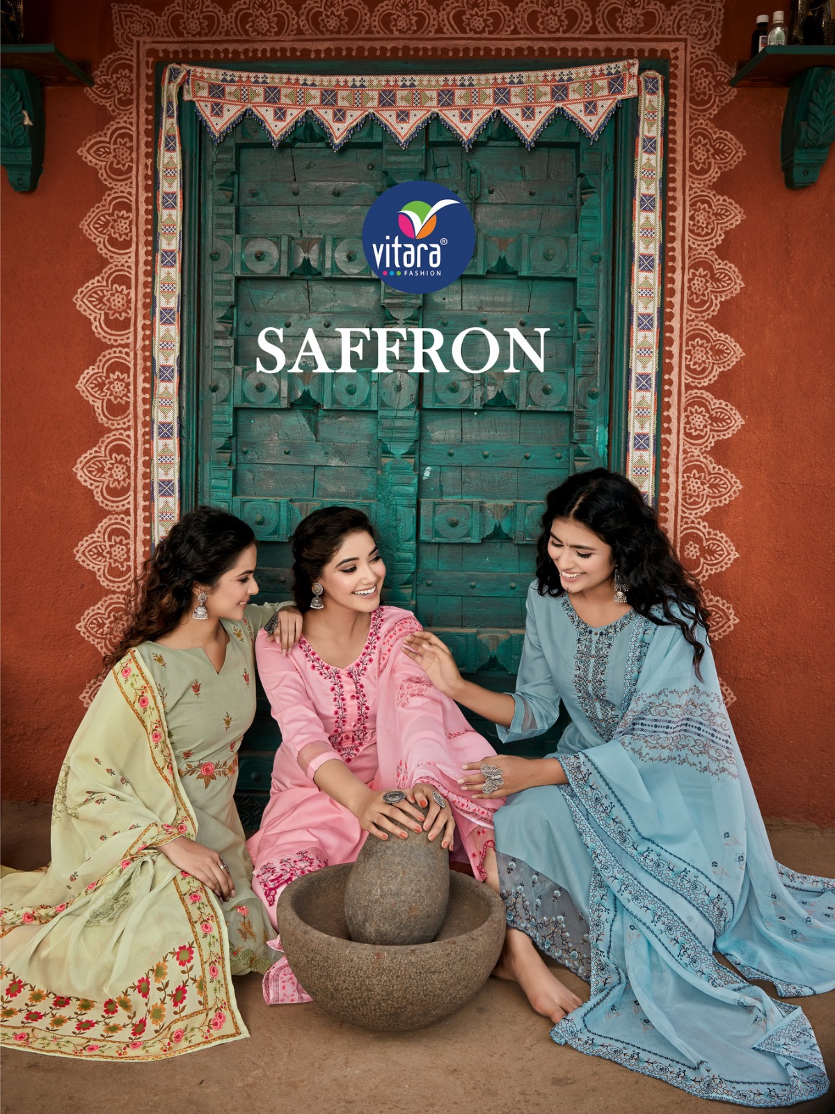 vitara fashion saffron tesla fabric gorgeous look top bottom with dupatta catalog