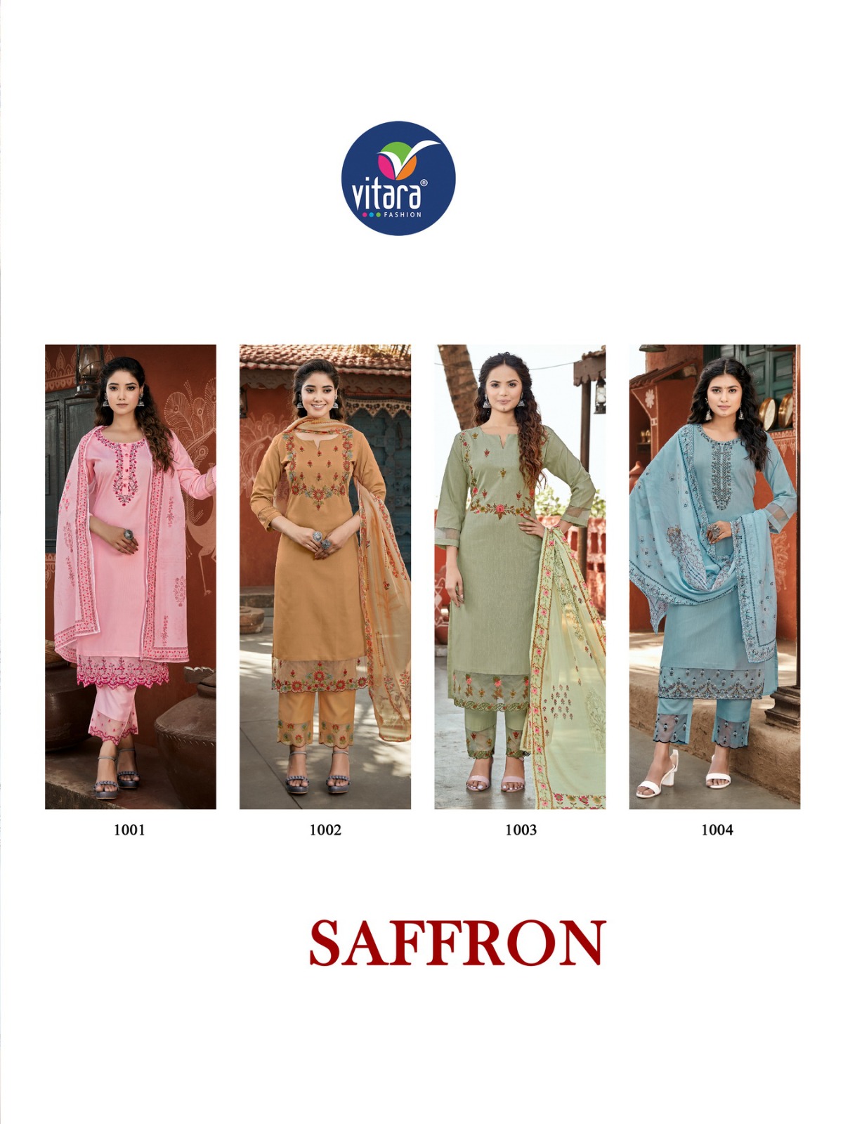 vitara fashion saffron tesla fabric gorgeous look top bottom with dupatta catalog