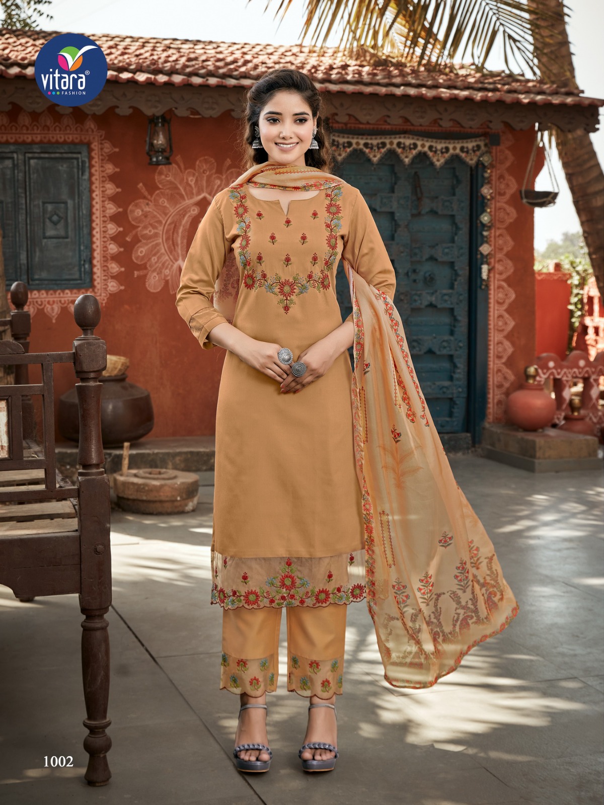 vitara fashion saffron tesla fabric gorgeous look top bottom with dupatta catalog