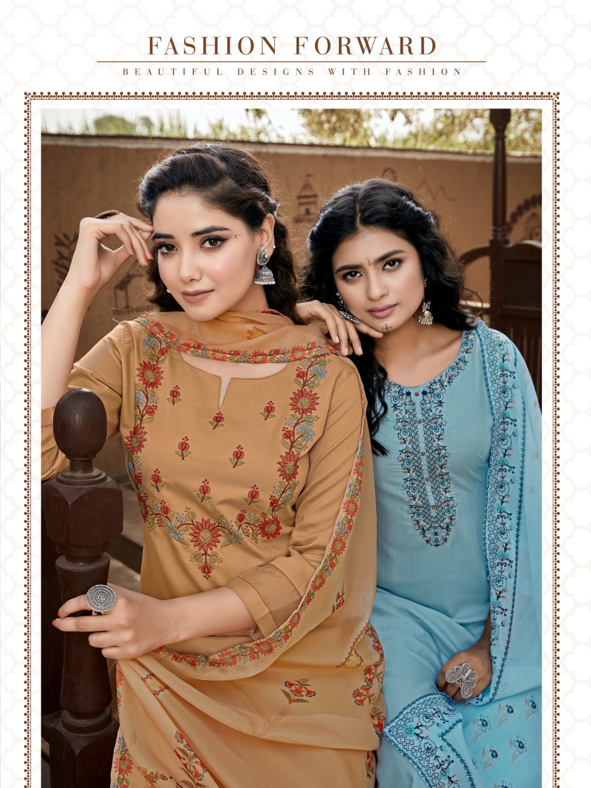 vitara fashion saffron tesla fabric gorgeous look top bottom with dupatta catalog