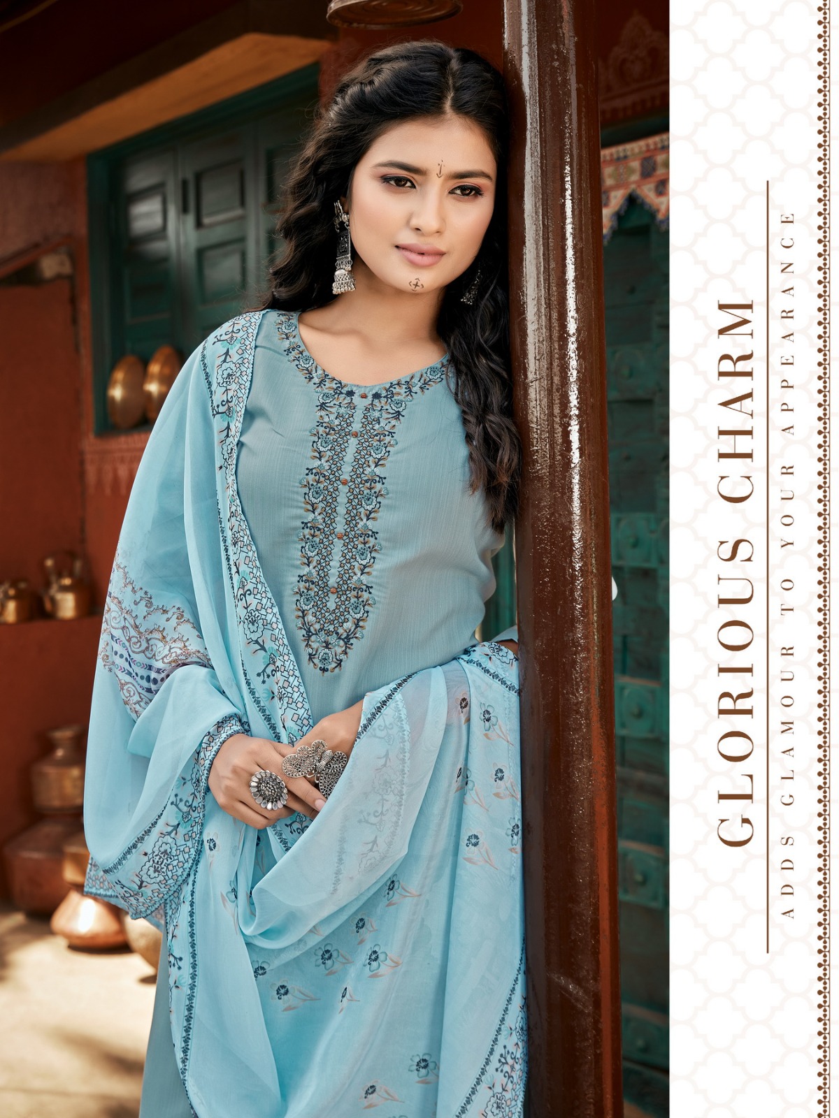 vitara fashion saffron tesla fabric gorgeous look top bottom with dupatta catalog