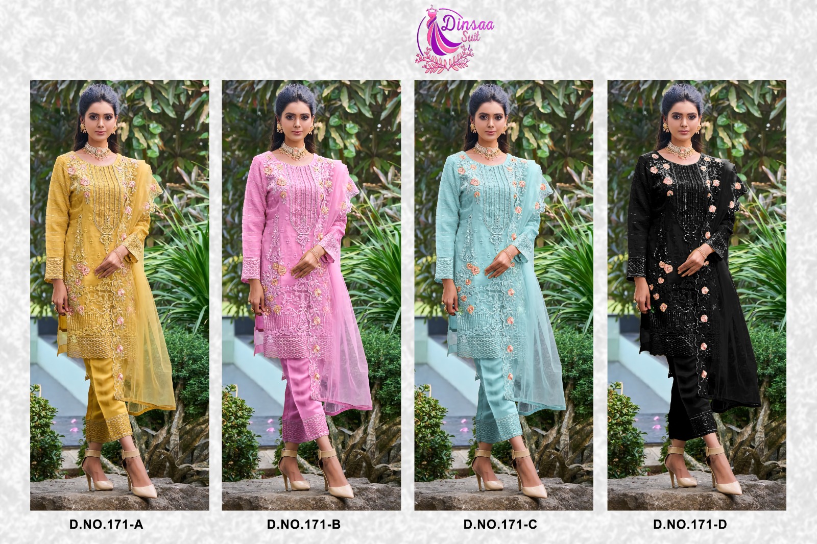 dinsaa suit dinsaa suit d no 171 a b c d organza greceful look salwar suit catalog