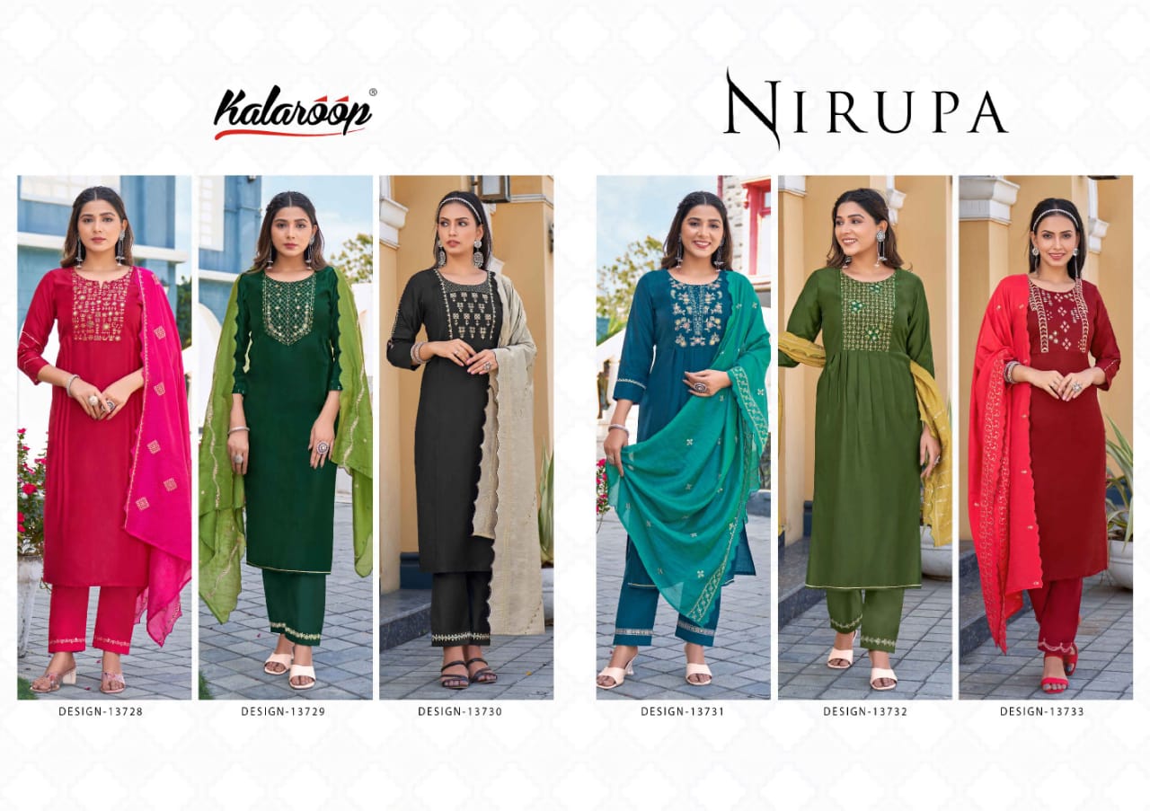 kalaroop by kajree nirupa deluxe regal look top bottom with dupatta catalog