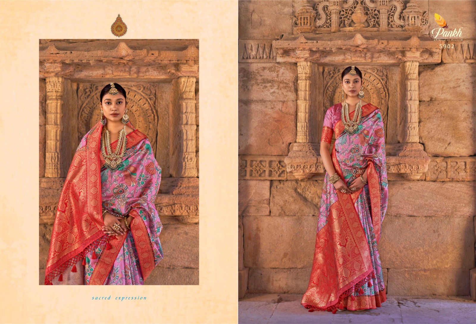 pink lotus pankh kalam kruti silk catchy look saree catalog