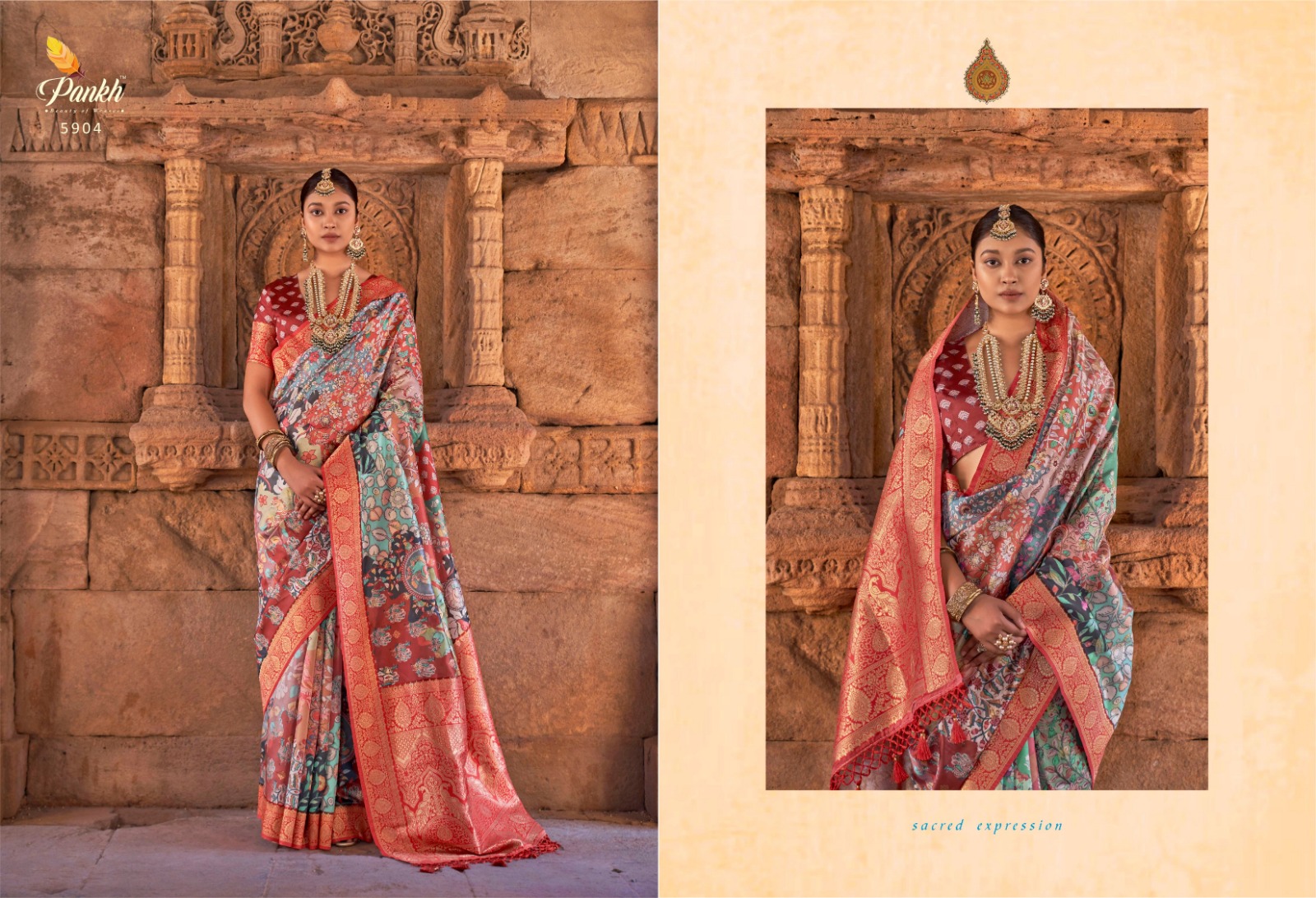 pink lotus pankh kalam kruti silk catchy look saree catalog