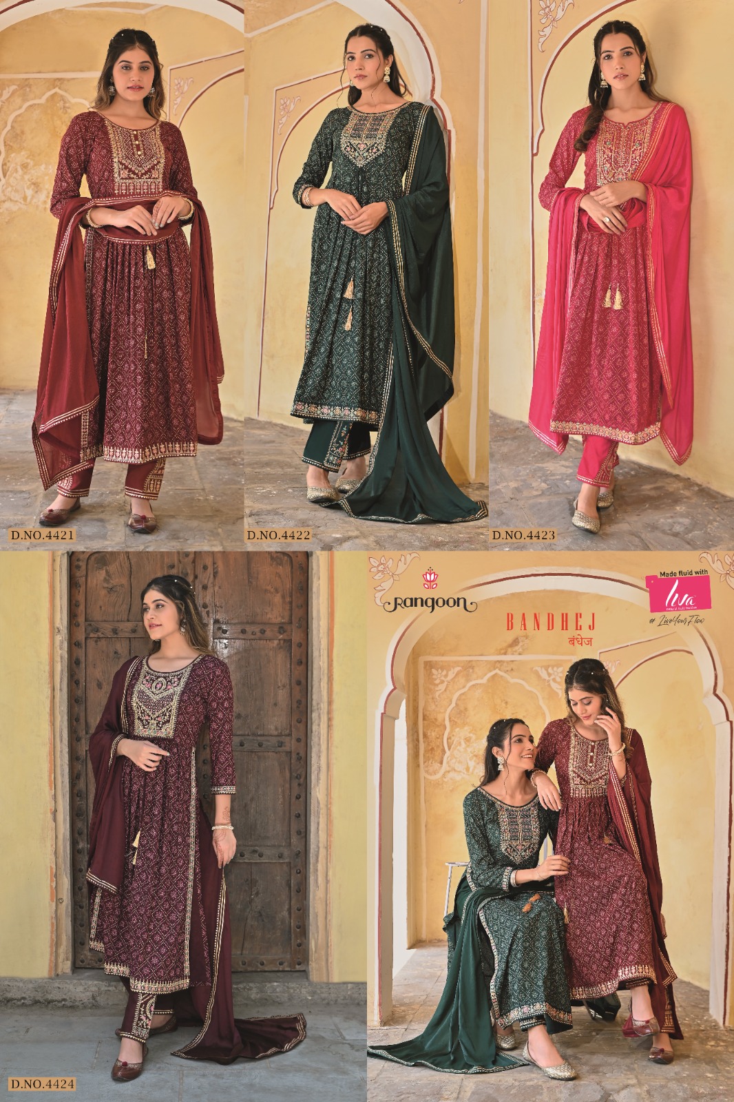 rangoon bandhej rayon deent embroidery look top bottom with dupatta catalog