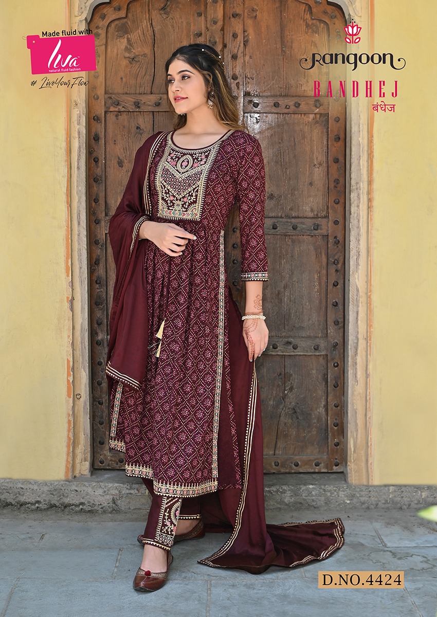 rangoon bandhej rayon deent embroidery look top bottom with dupatta catalog