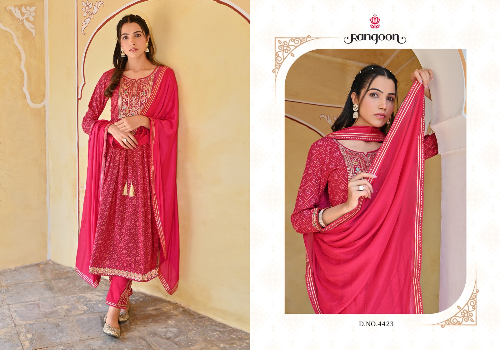 rangoon bandhej rayon deent embroidery look top bottom with dupatta catalog