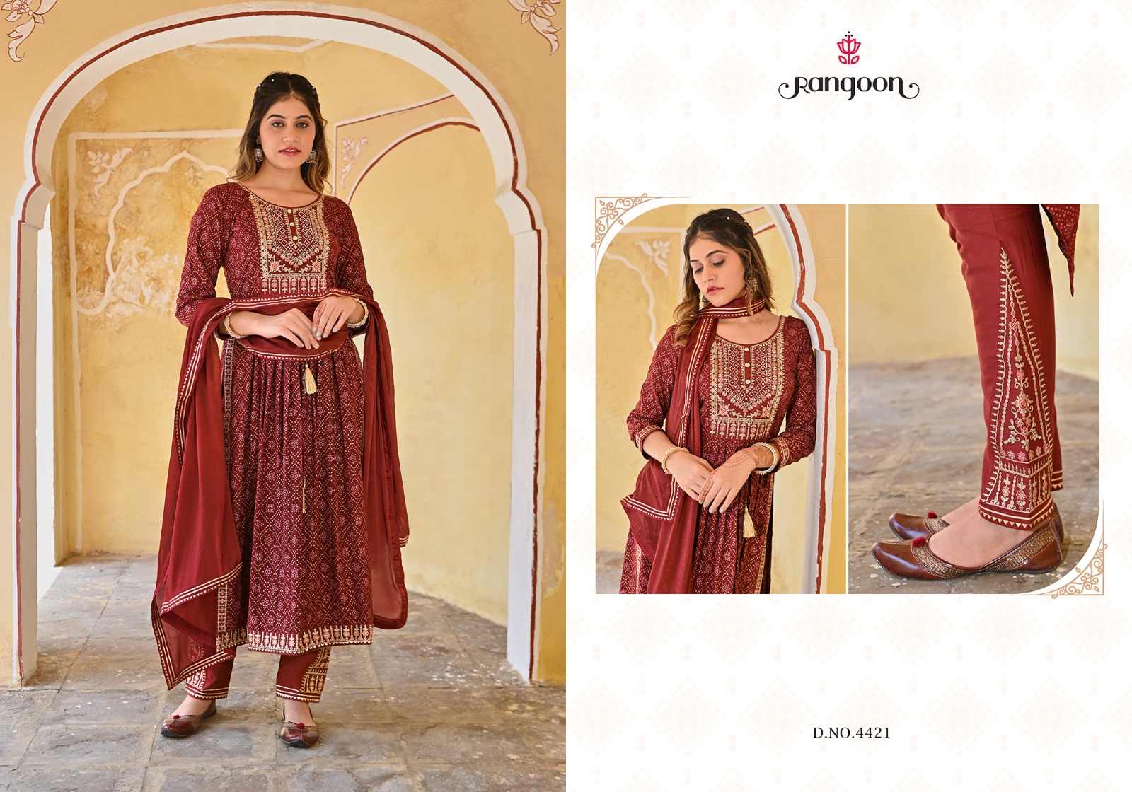 rangoon bandhej rayon deent embroidery look top bottom with dupatta catalog