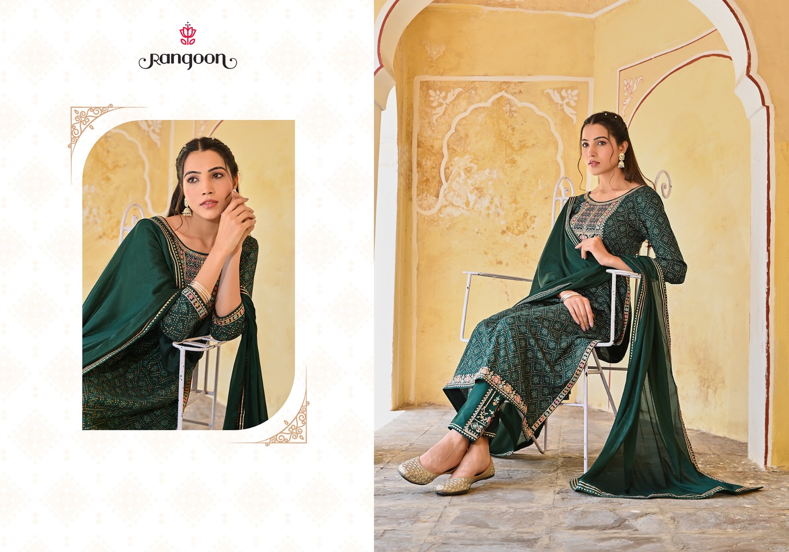 rangoon bandhej rayon deent embroidery look top bottom with dupatta catalog