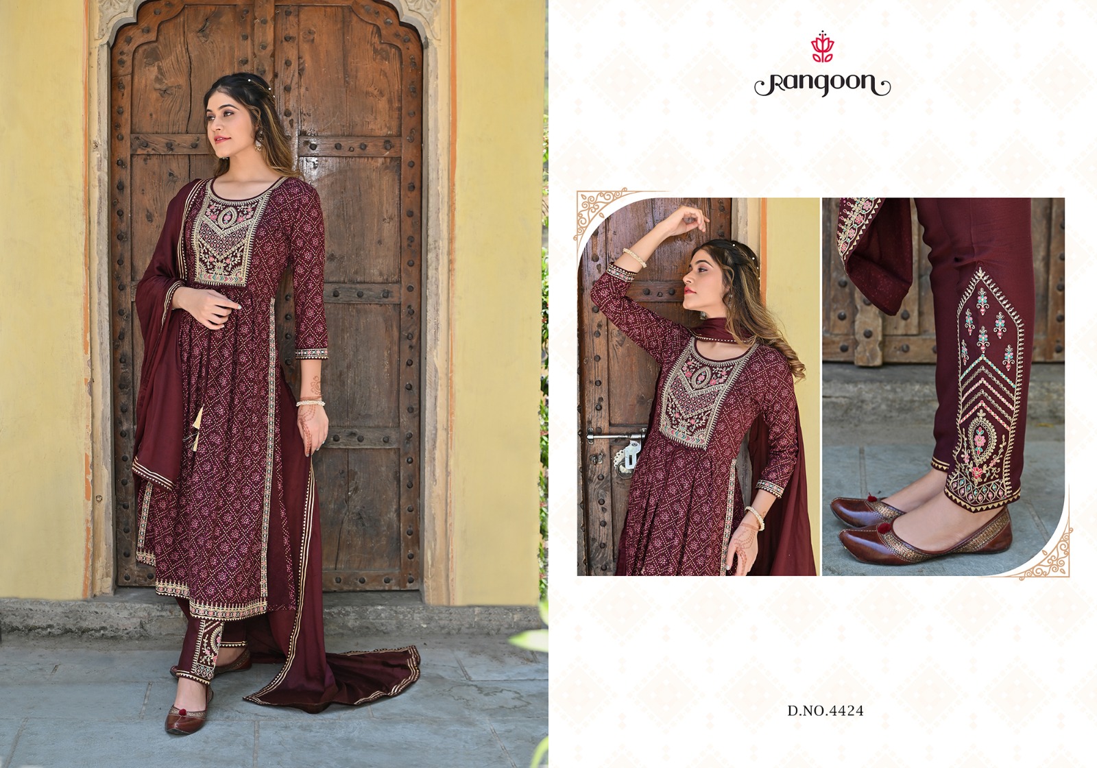 rangoon bandhej rayon deent embroidery look top bottom with dupatta catalog