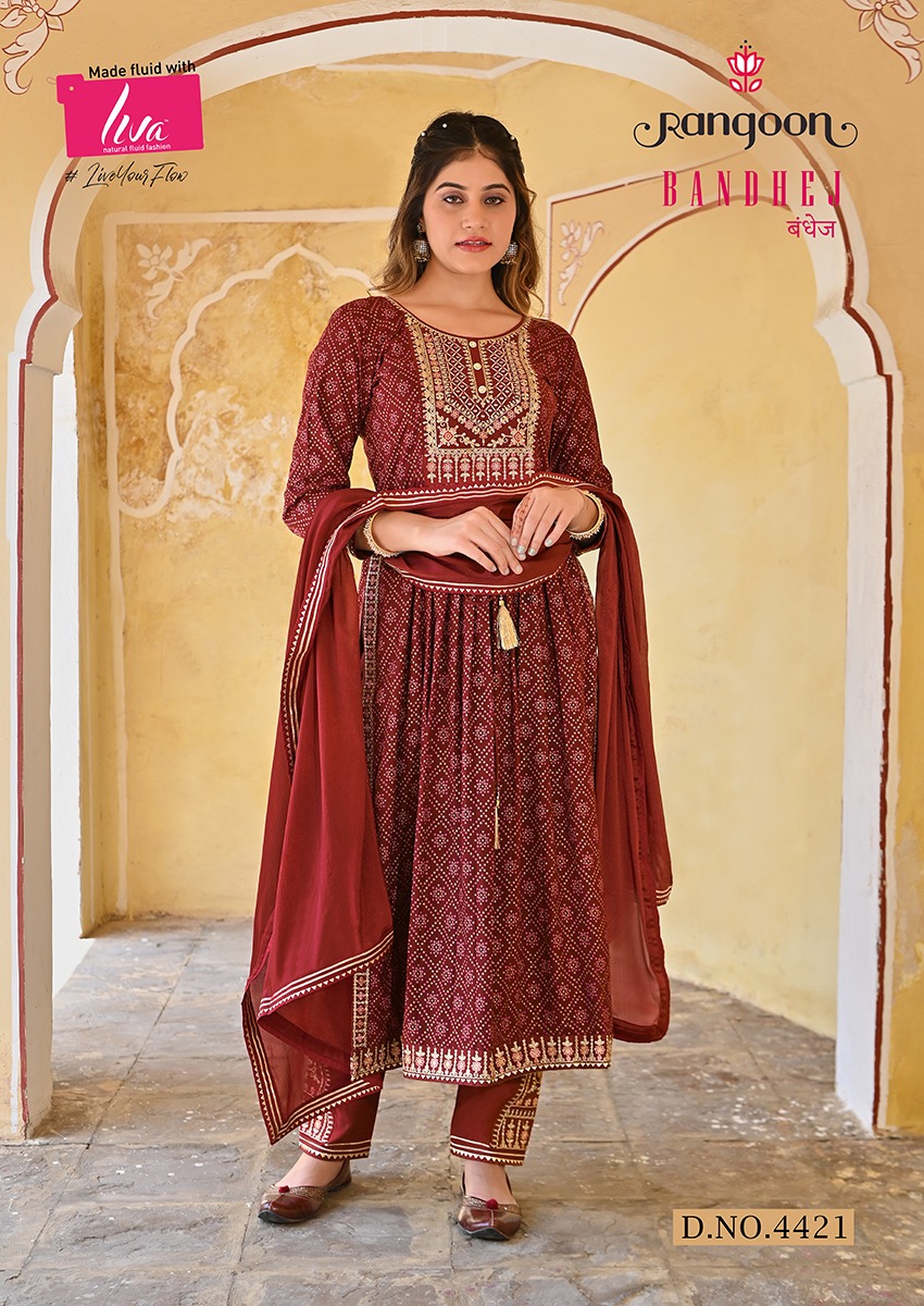 rangoon bandhej rayon deent embroidery look top bottom with dupatta catalog