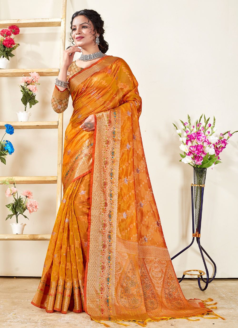 sangam print mishri organza decent look saree catalog