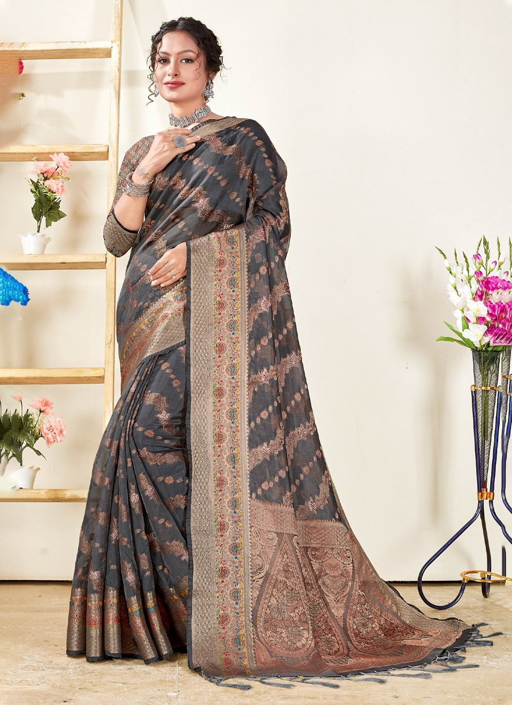 sangam print mishri organza decent look saree catalog