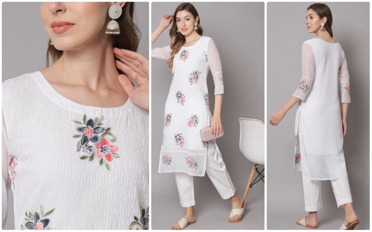 vivera international white flower georgette attractive look kurti catalog