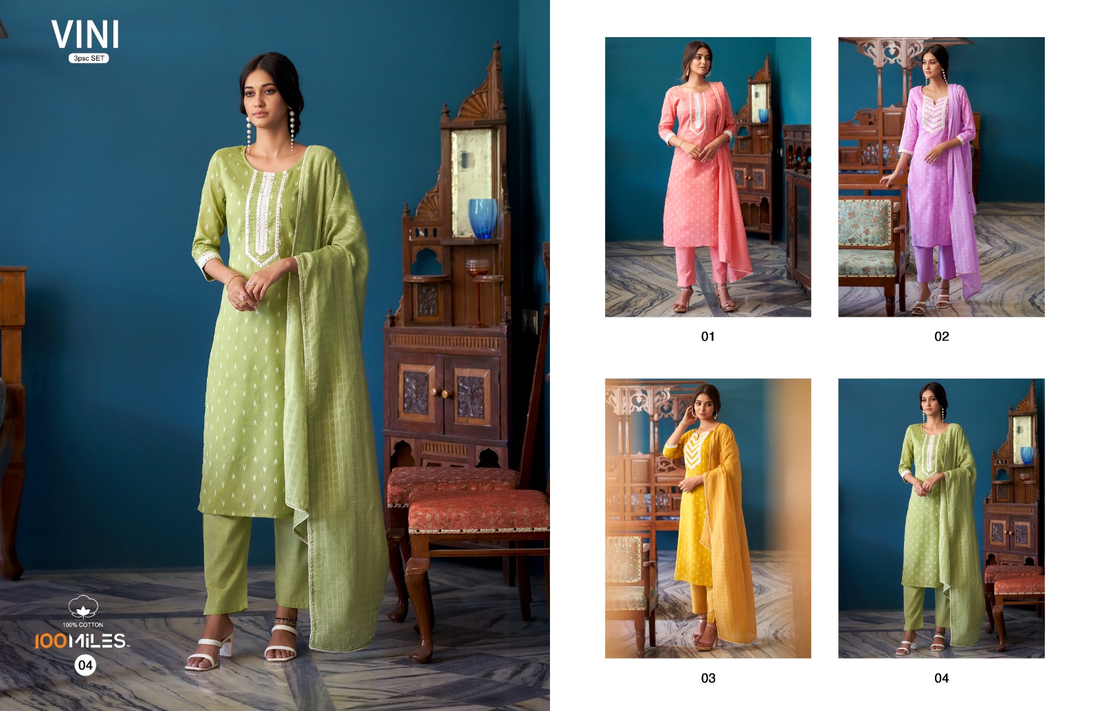 100 Miles vini cotton regal look top pant with dupatta catalog