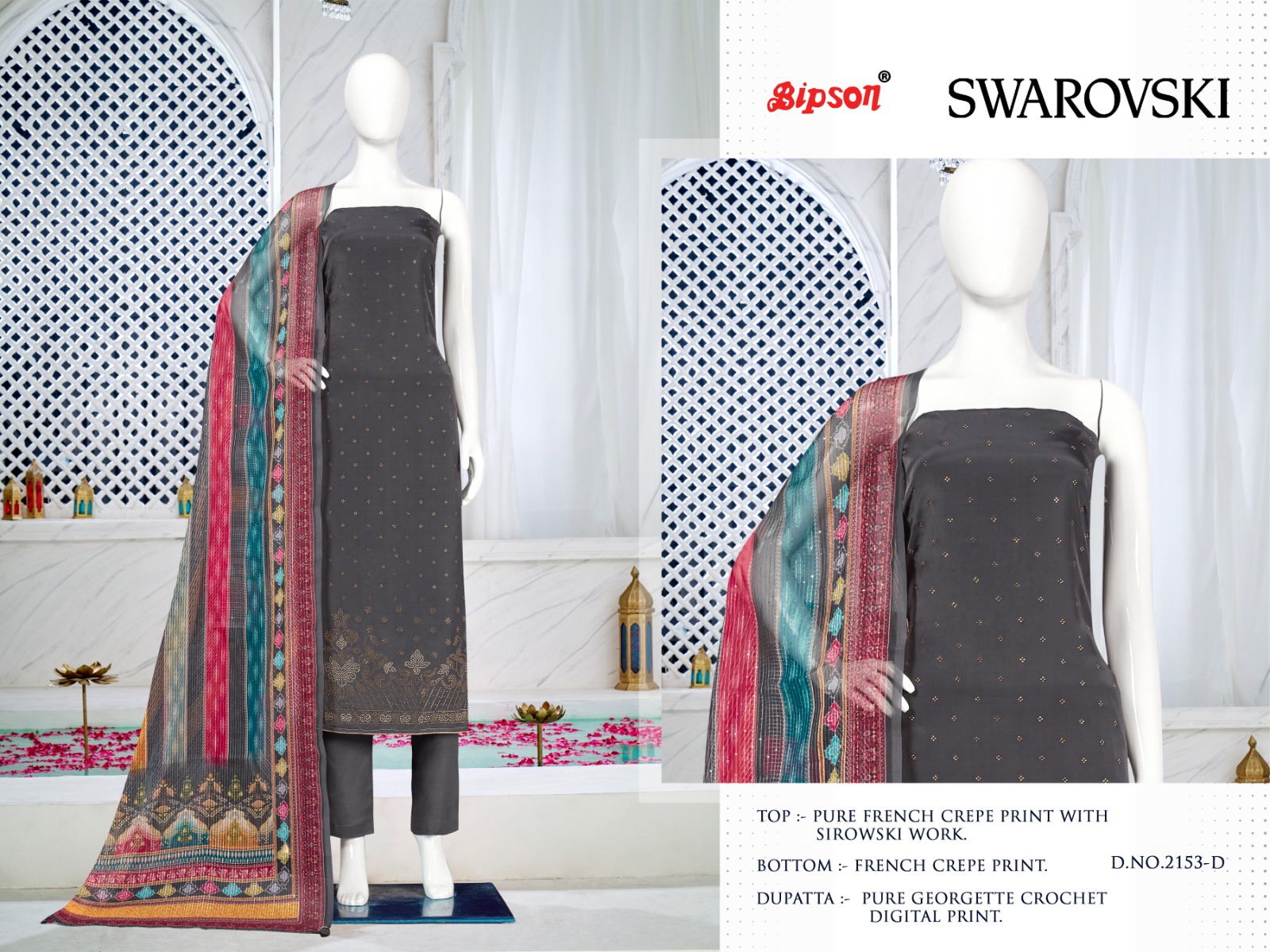 bipson swarovski 2153 French creape exclusive print salwar suit catalog