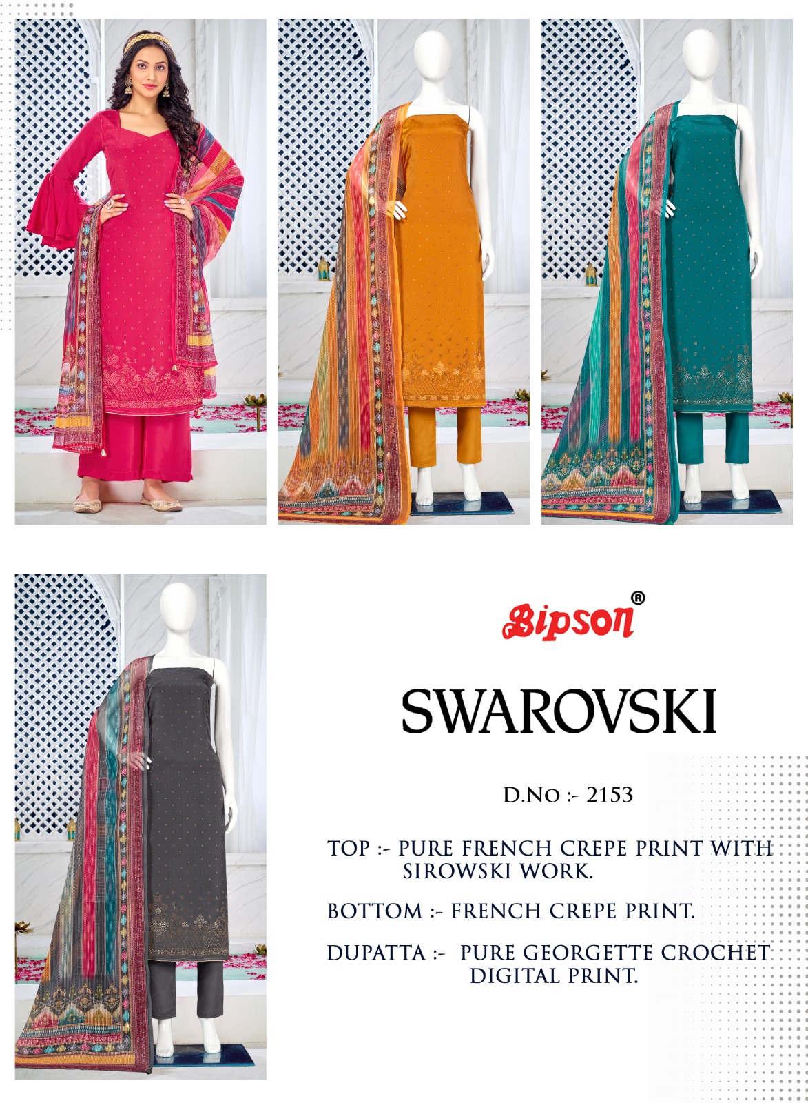 bipson swarovski 2153 French creape exclusive print salwar suit catalog