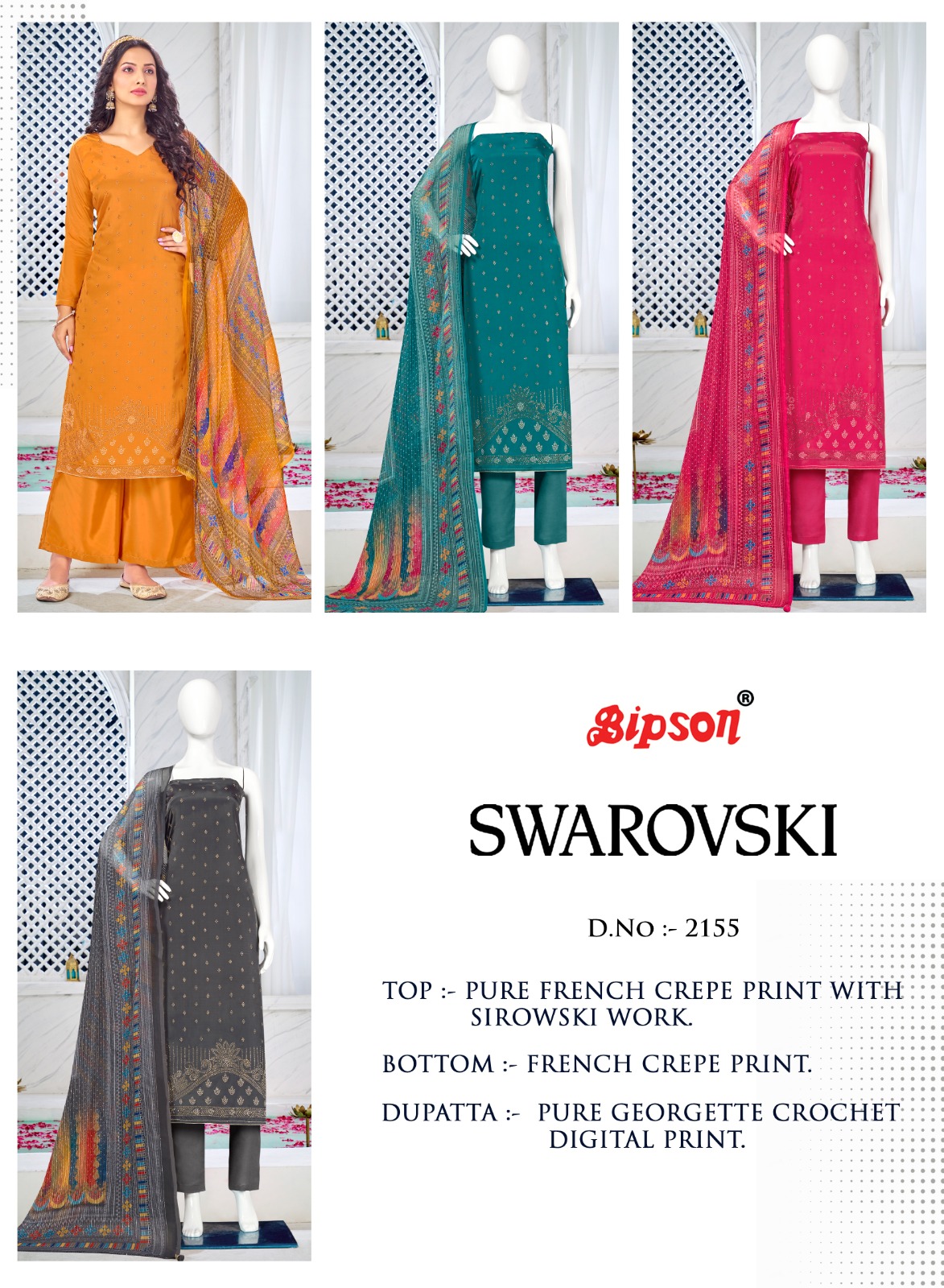 bipson swarovski 2155 French creape elegant salwar suit catalog