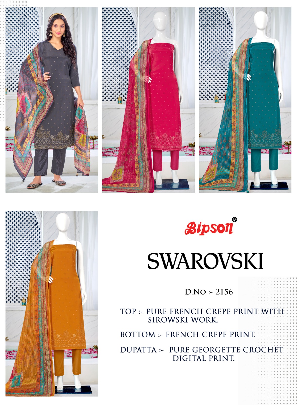 bipson swarovski 2156 French creape regal look salwar suit catalog